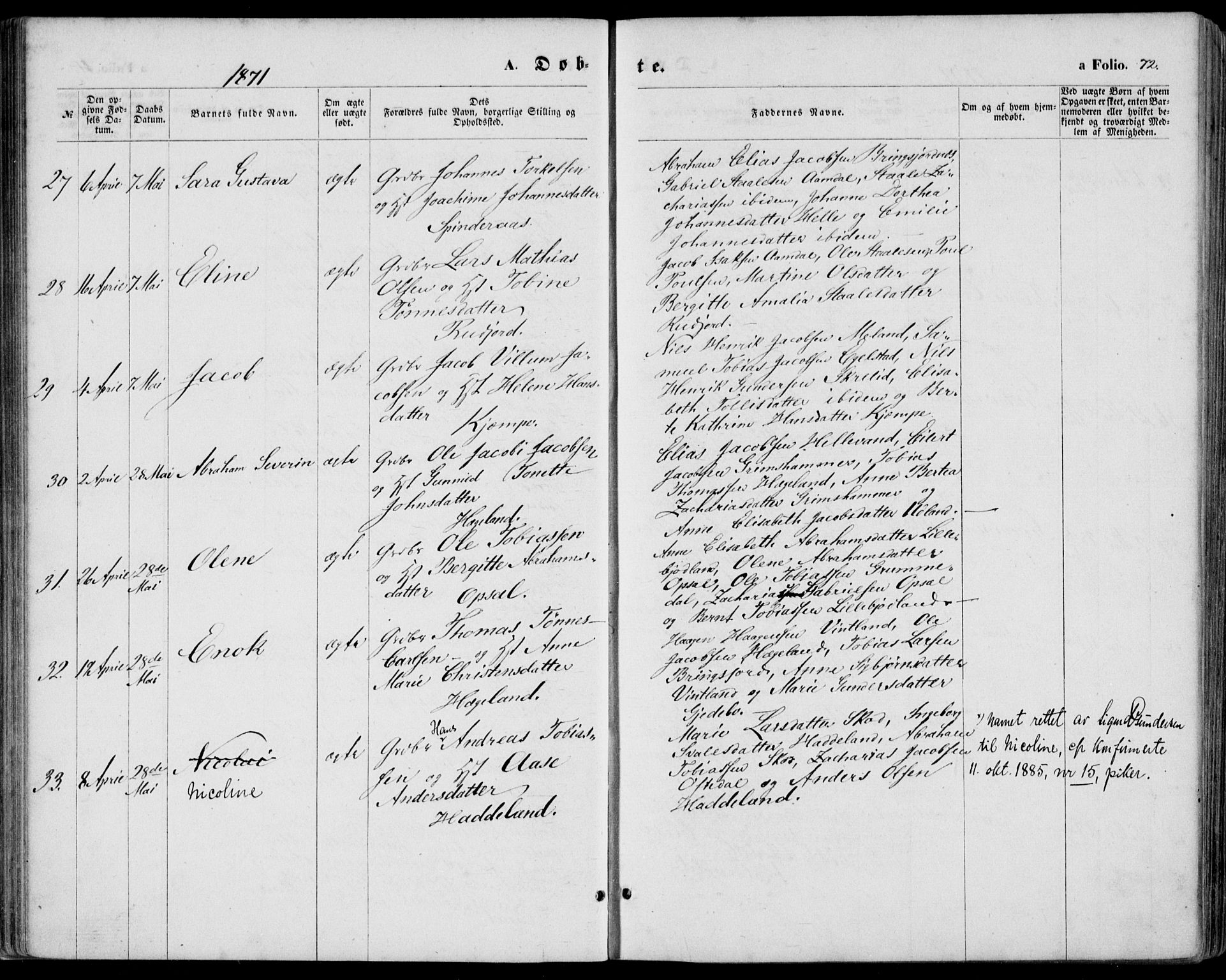 Lyngdal sokneprestkontor, AV/SAK-1111-0029/F/Fa/Fac/L0010: Ministerialbok nr. A 10, 1865-1878, s. 72