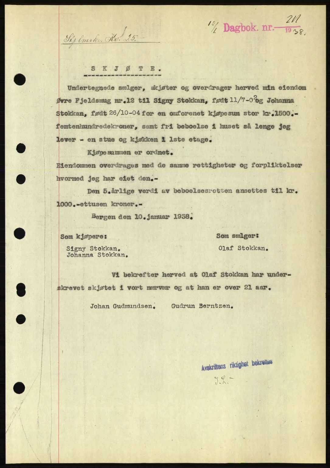 Byfogd og Byskriver i Bergen, SAB/A-3401/03/03Bc/L0006: Pantebok nr. A5, 1937-1938, Dagboknr: 211/1938