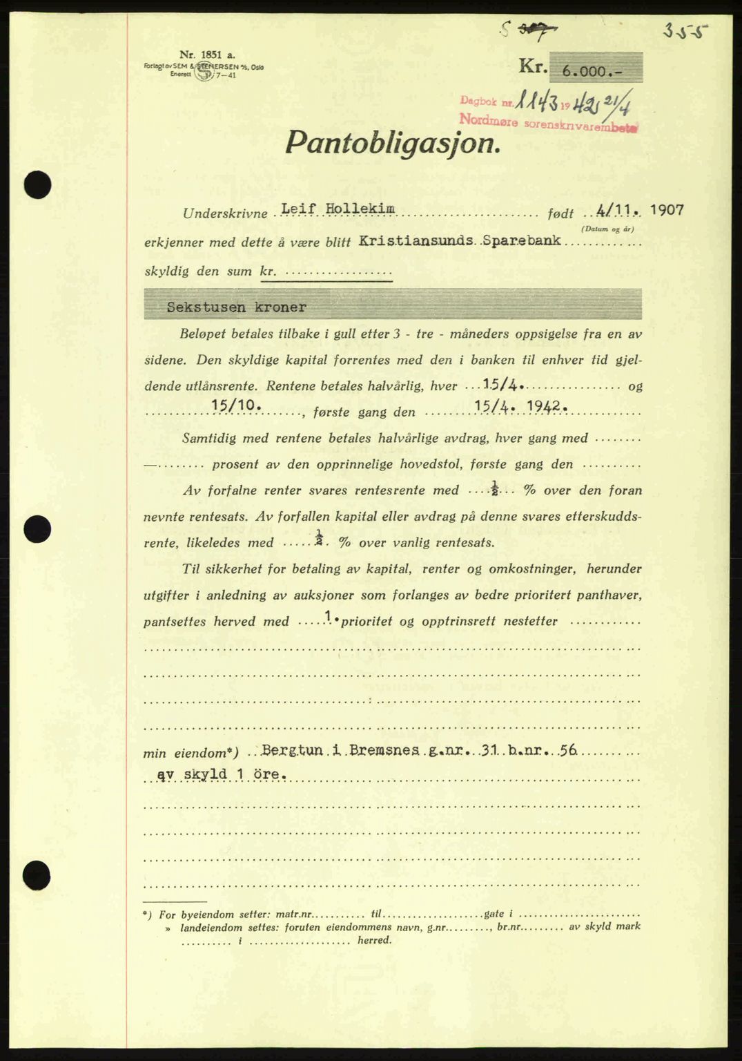 Nordmøre sorenskriveri, AV/SAT-A-4132/1/2/2Ca: Pantebok nr. B89, 1942-1942, Dagboknr: 1143/1942