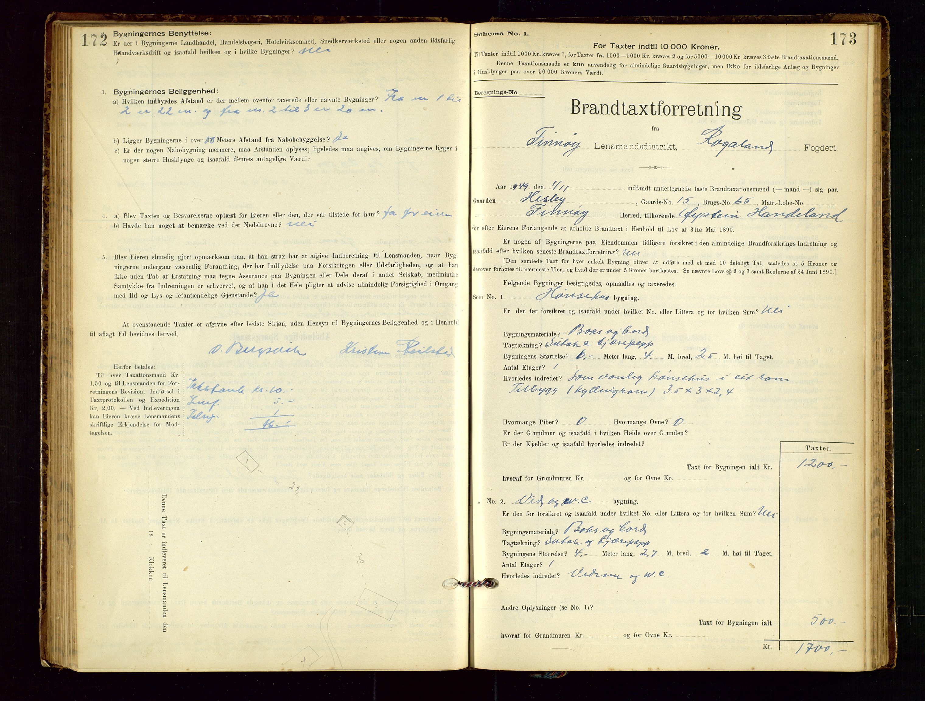 Finnøy lensmannskontor, AV/SAST-A-100442/Goa/L0003: Branntakstprotokoll - skjemaprotokoll, 1896-1954, s. 172-173