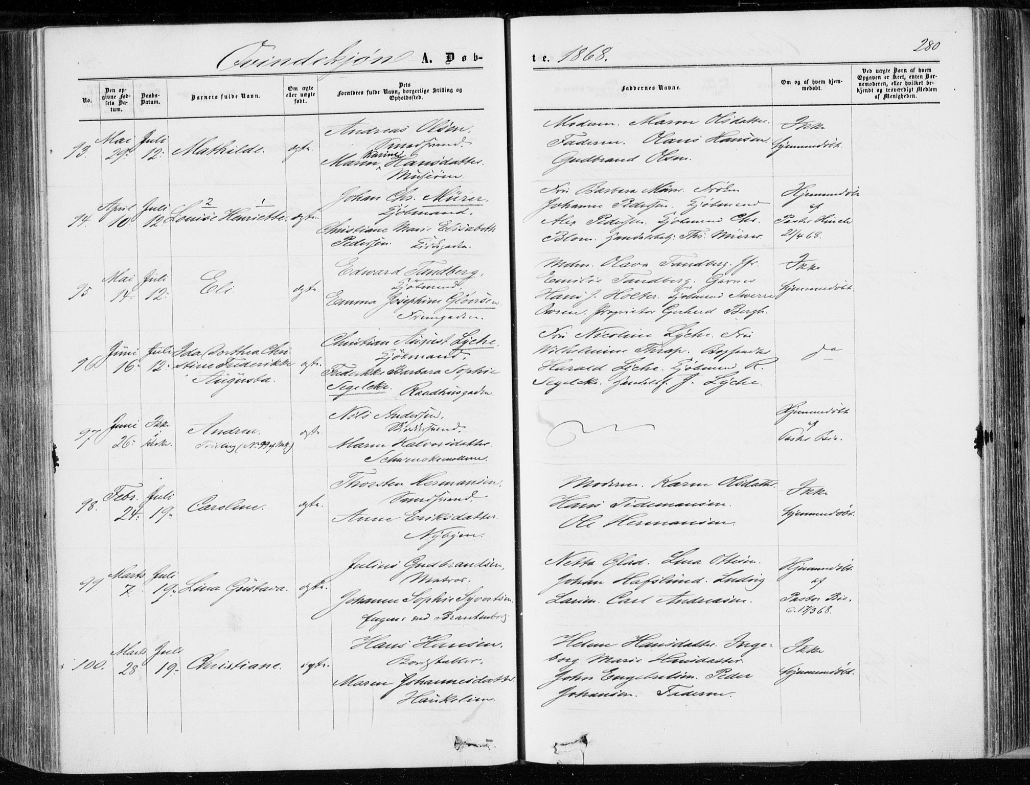 Bragernes kirkebøker, AV/SAKO-A-6/F/Fb/L0003: Ministerialbok nr. II 3, 1860-1868, s. 280