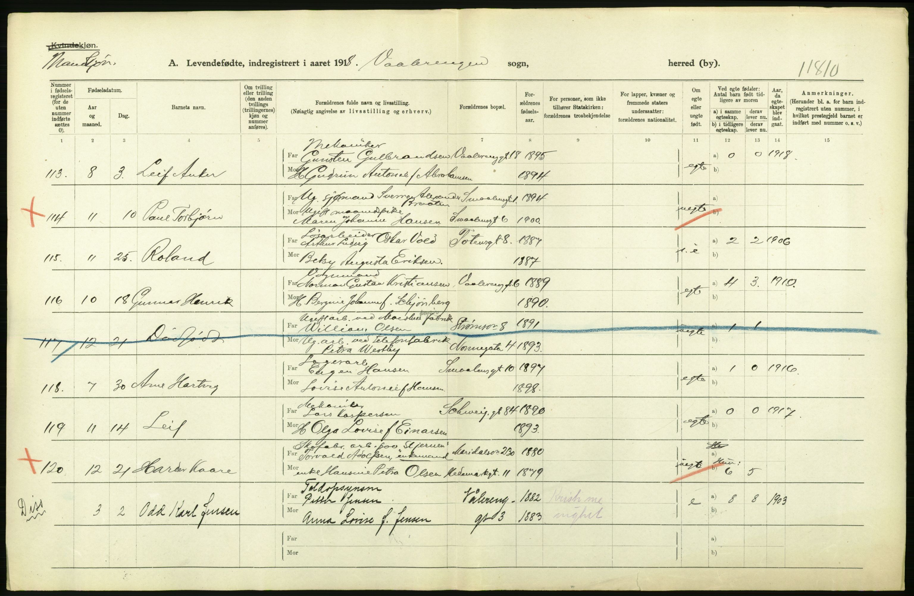 Statistisk sentralbyrå, Sosiodemografiske emner, Befolkning, AV/RA-S-2228/D/Df/Dfb/Dfbh/L0008: Kristiania: Levendefødte menn og kvinner., 1918, s. 388