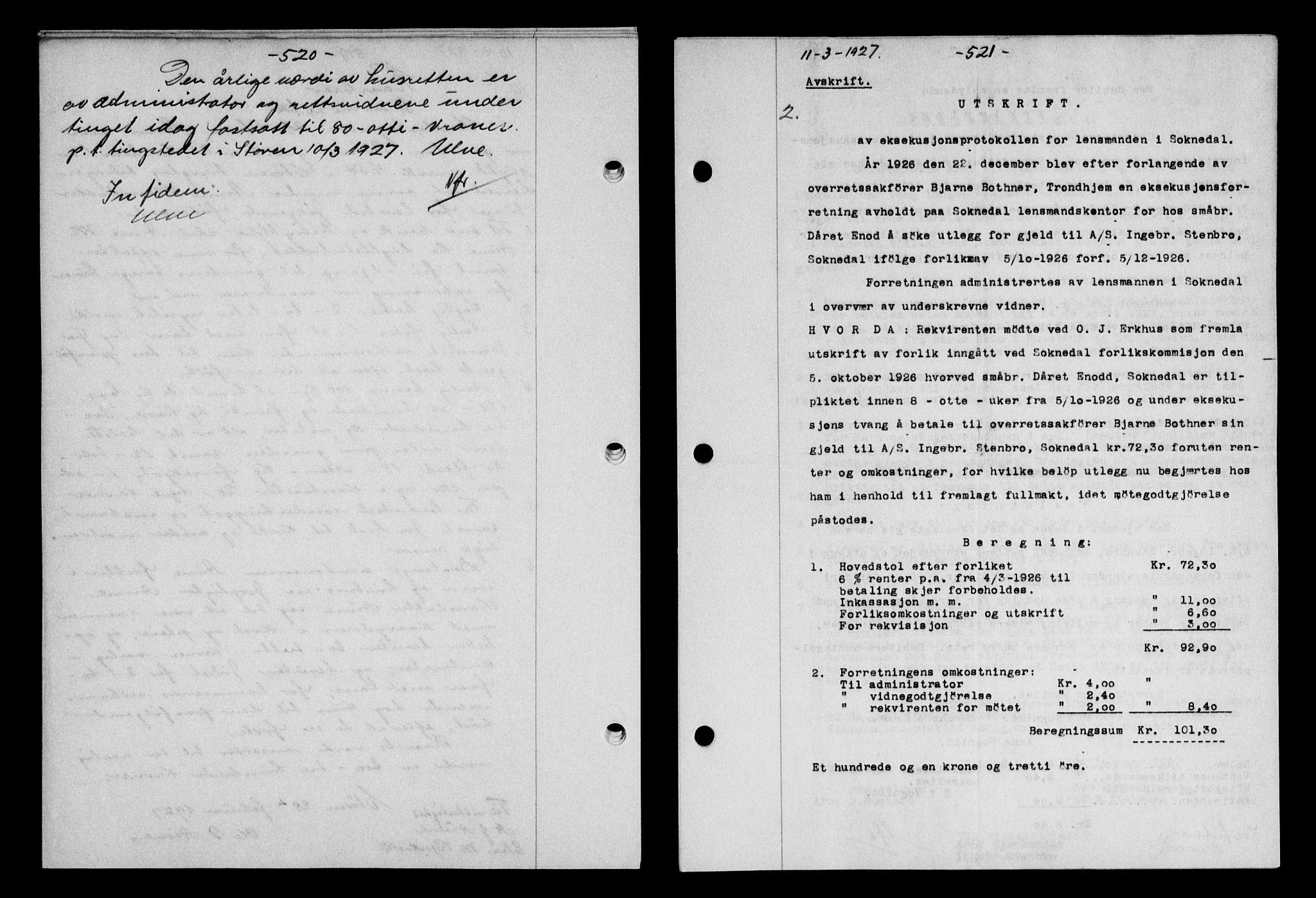 Gauldal sorenskriveri, SAT/A-0014/1/2/2C/L0035: Pantebok nr. 36, 1926-1927, s. 520-521, Tingl.dato: 11.03.1927