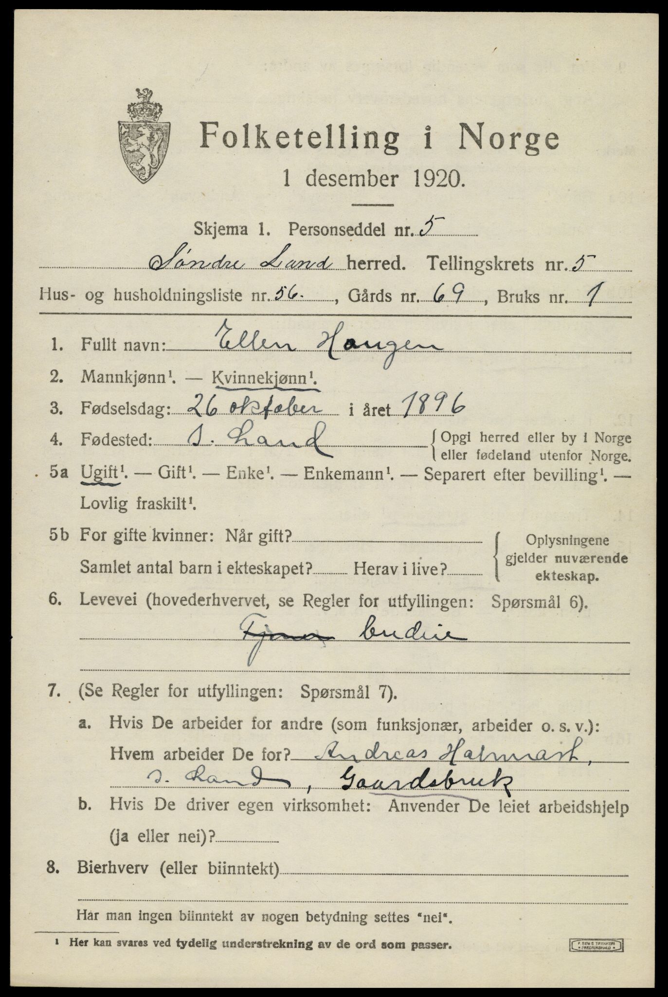 SAH, Folketelling 1920 for 0536 Søndre Land herred, 1920, s. 5777