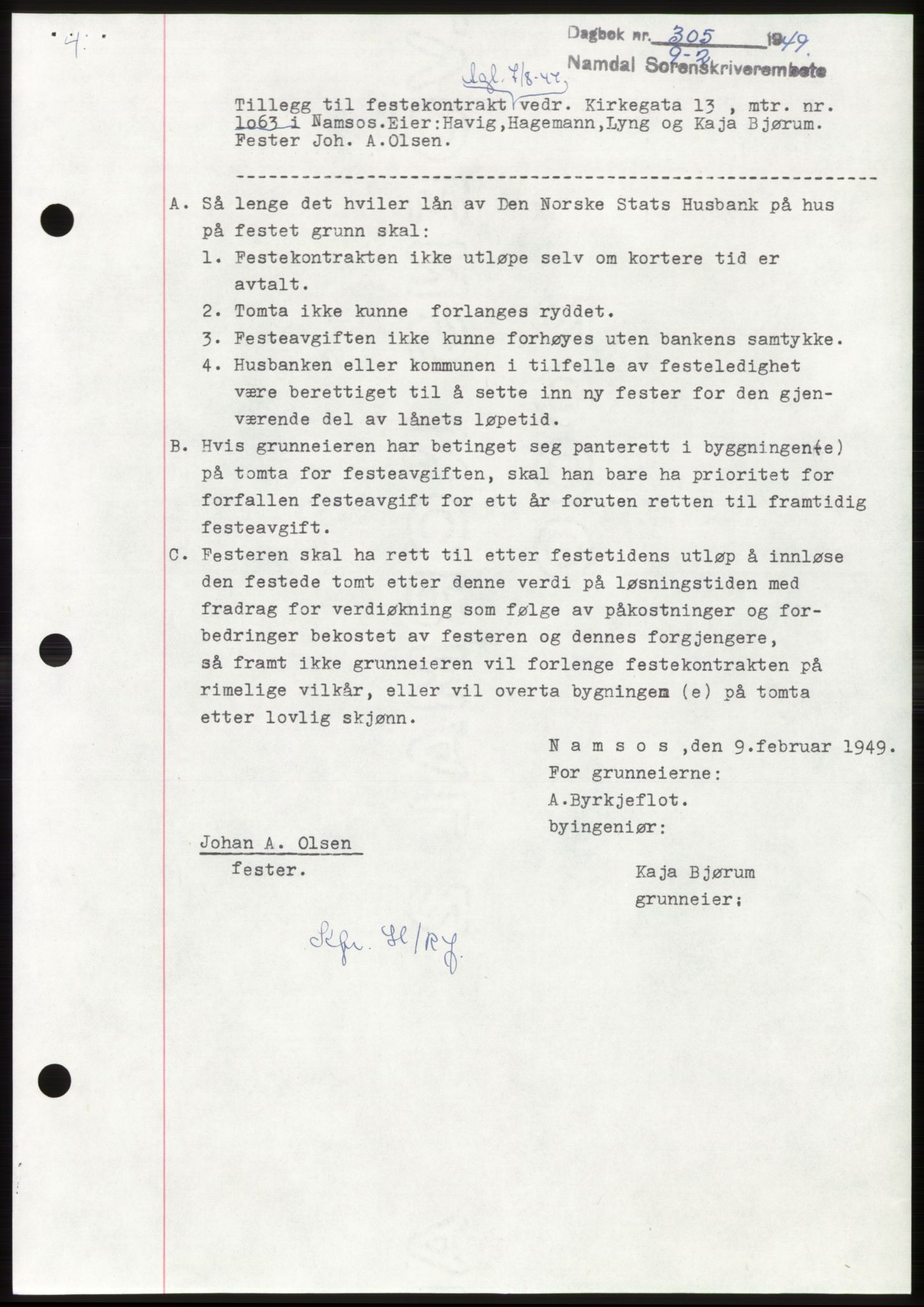 Namdal sorenskriveri, SAT/A-4133/1/2/2C: Pantebok nr. -, 1949-1949, Dagboknr: 305/1949