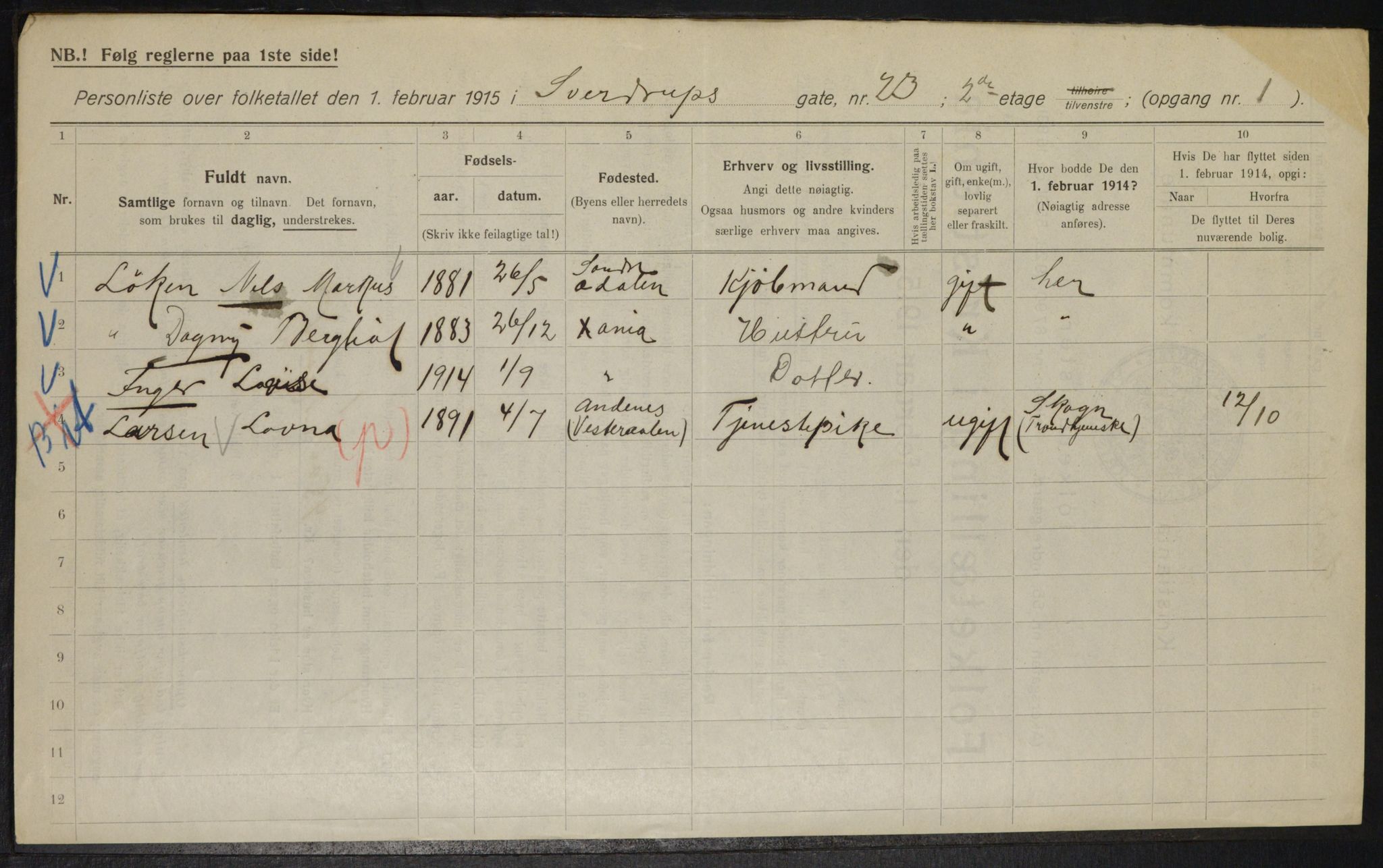 OBA, Kommunal folketelling 1.2.1915 for Kristiania, 1915, s. 106014