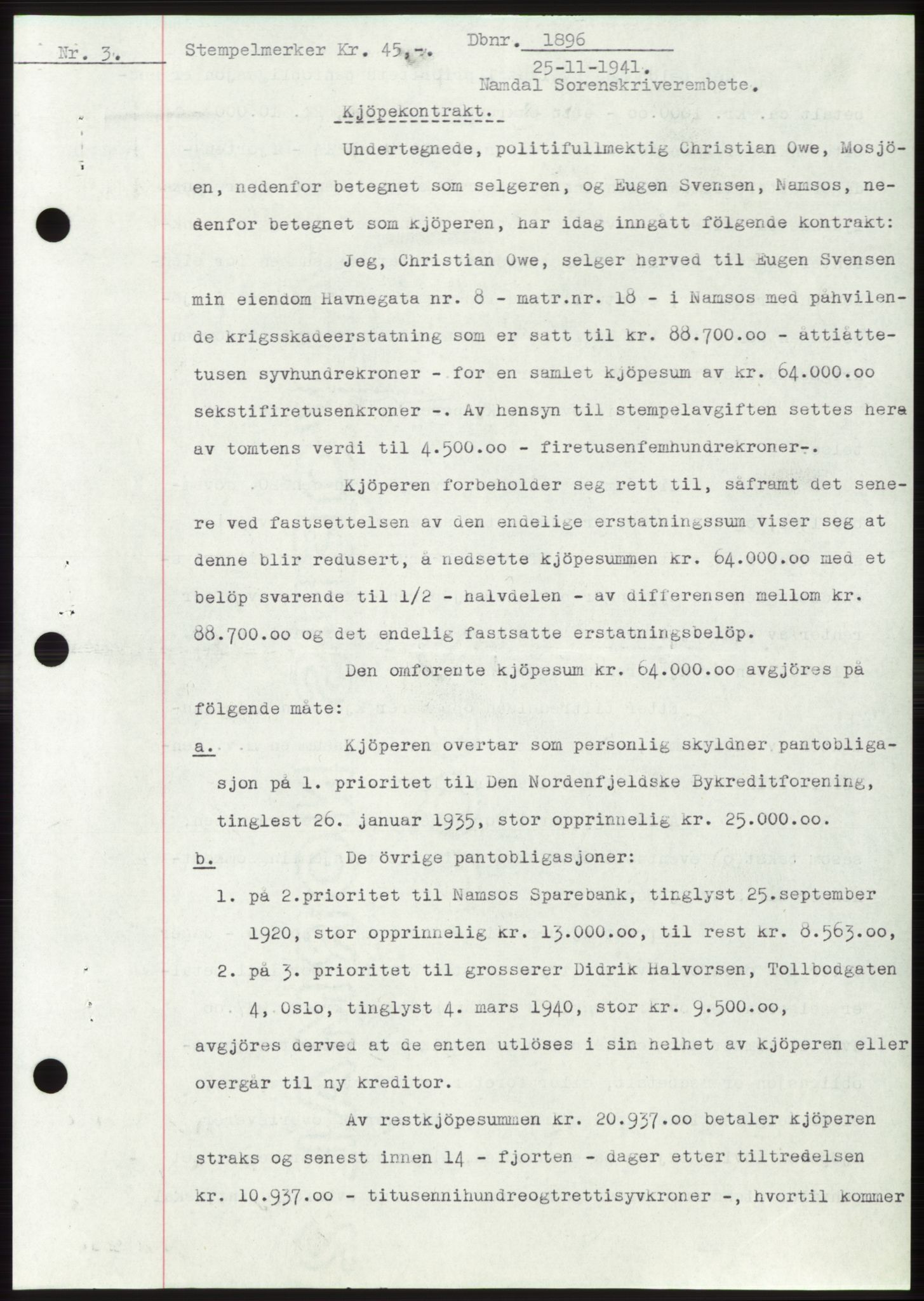Namdal sorenskriveri, SAT/A-4133/1/2/2C: Pantebok nr. -, 1941-1942, Dagboknr: 1896/1941