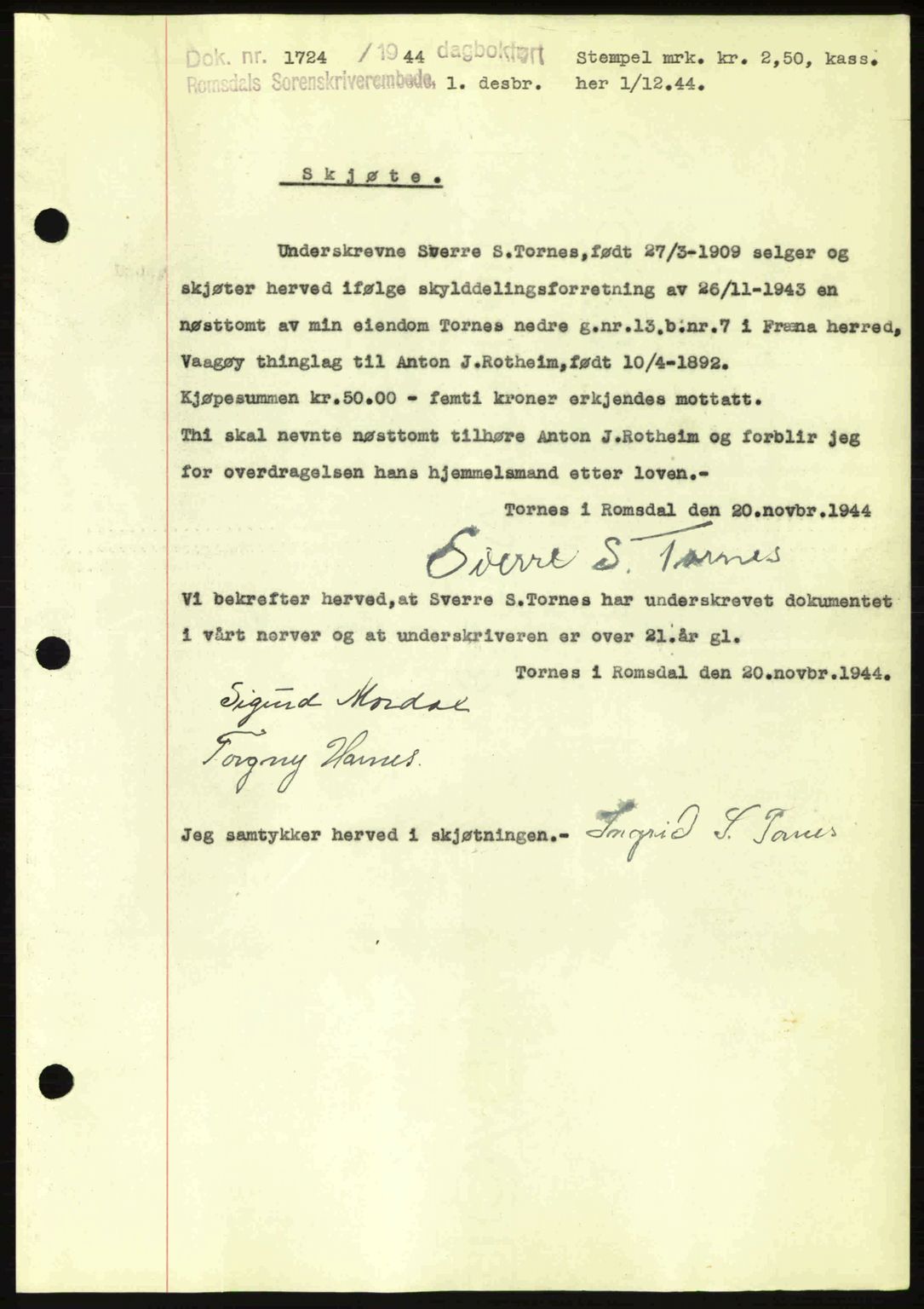 Romsdal sorenskriveri, SAT/A-4149/1/2/2C: Pantebok nr. A17, 1944-1945, Dagboknr: 1724/1944