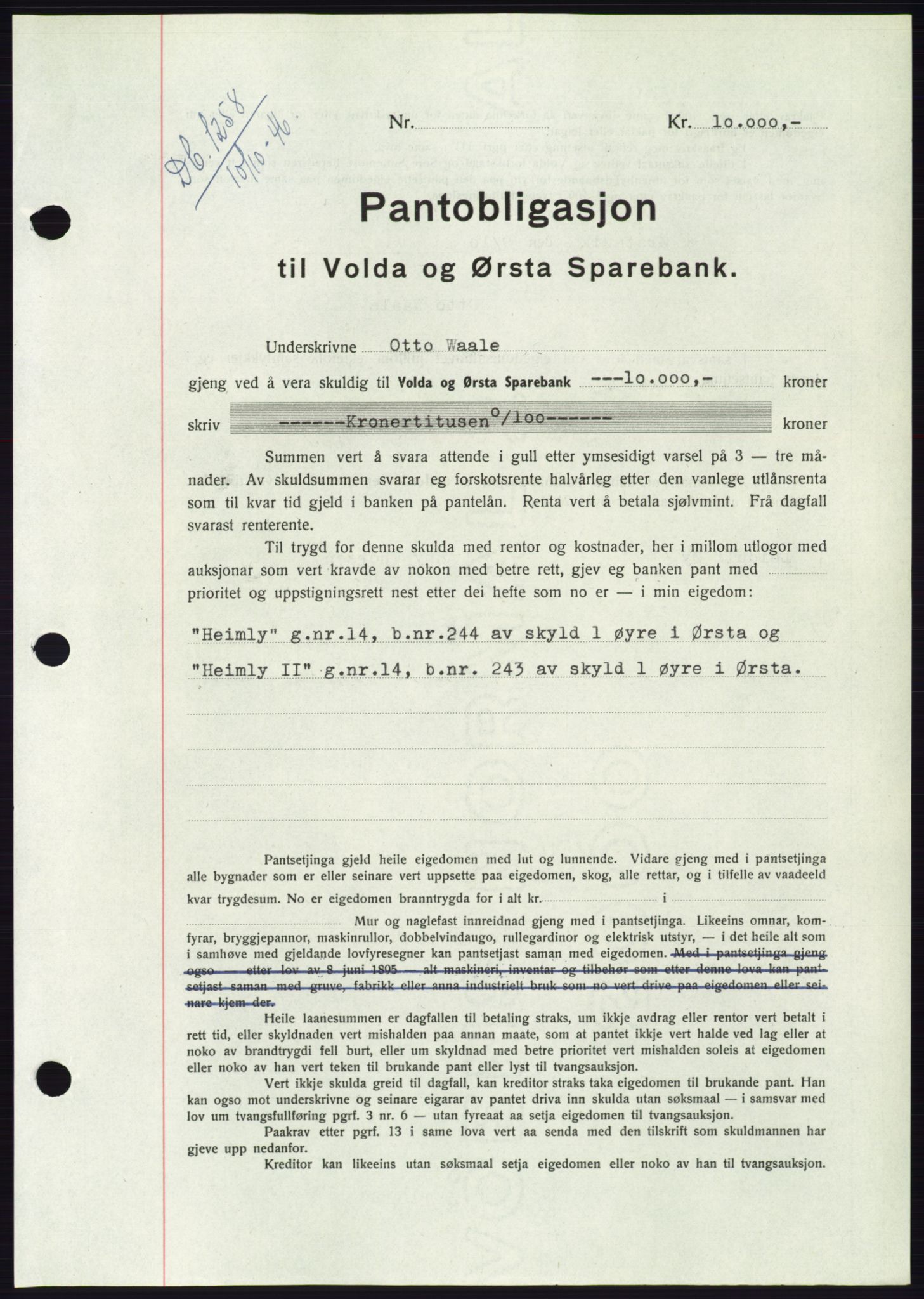 Søre Sunnmøre sorenskriveri, AV/SAT-A-4122/1/2/2C/L0114: Pantebok nr. 1-2B, 1943-1947, Dagboknr: 1258/1946