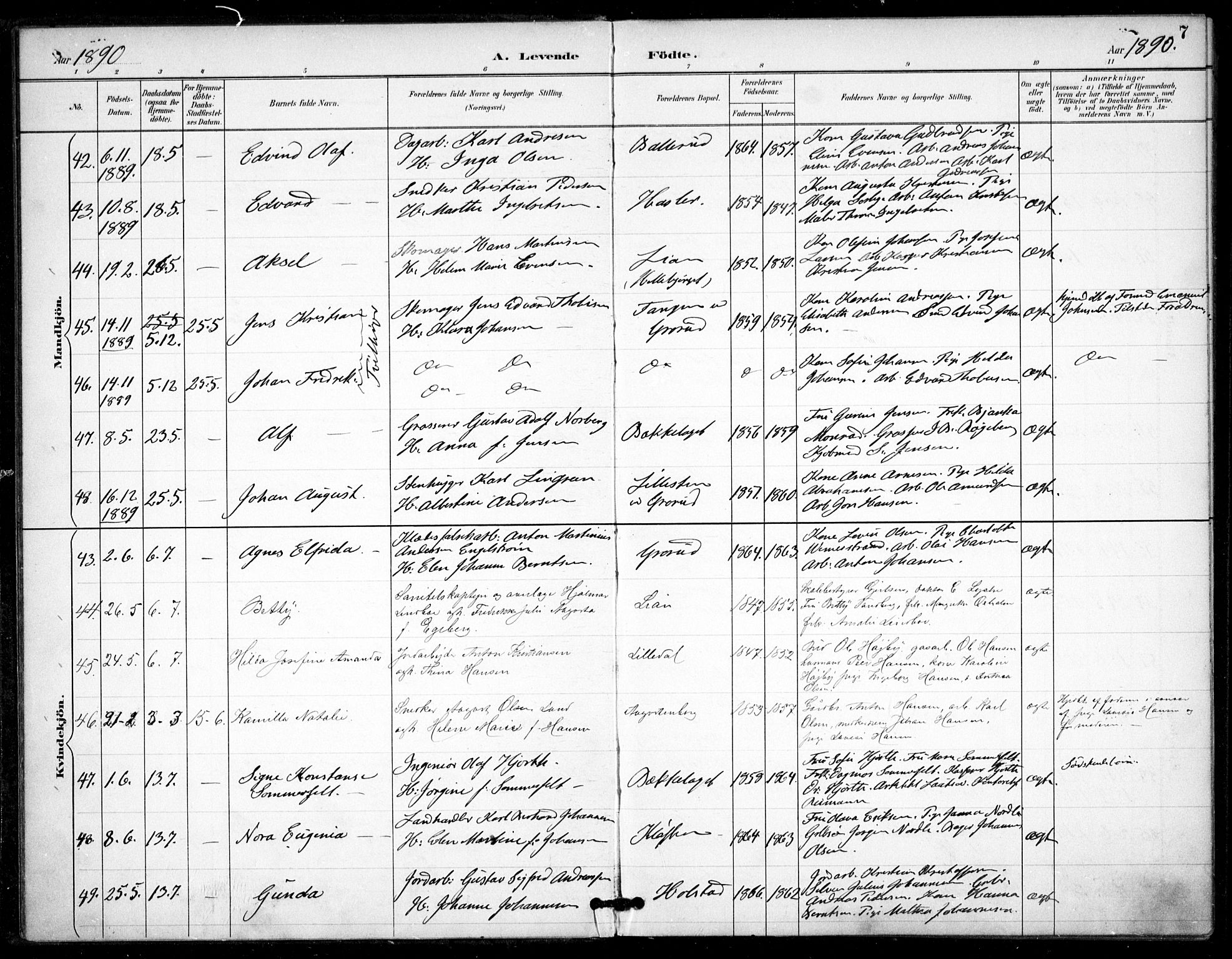Østre Aker prestekontor Kirkebøker, AV/SAO-A-10840/F/Fa/L0009: Ministerialbok nr. I 9, 1890-1894, s. 7