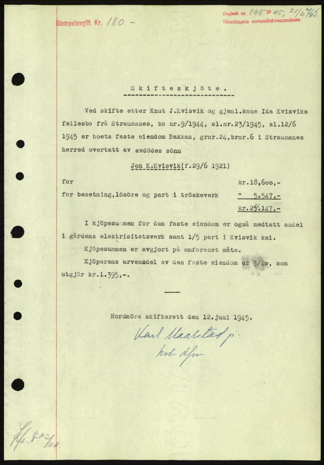 Nordmøre sorenskriveri, SAT/A-4132/1/2/2Ca: Pantebok nr. A99, 1945-1945, Dagboknr: 865/1945