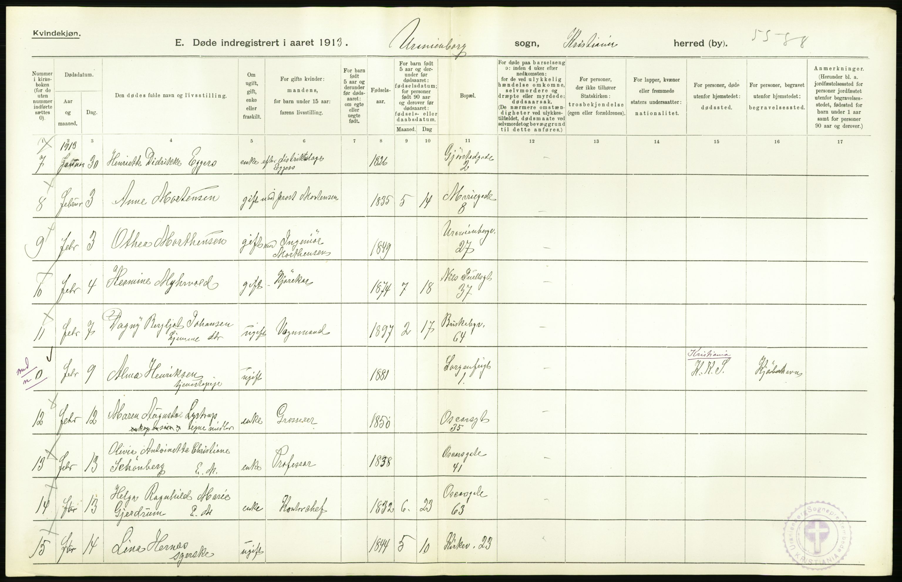 Statistisk sentralbyrå, Sosiodemografiske emner, Befolkning, AV/RA-S-2228/D/Df/Dfb/Dfbc/L0009: Kristiania: Døde., 1913, s. 26