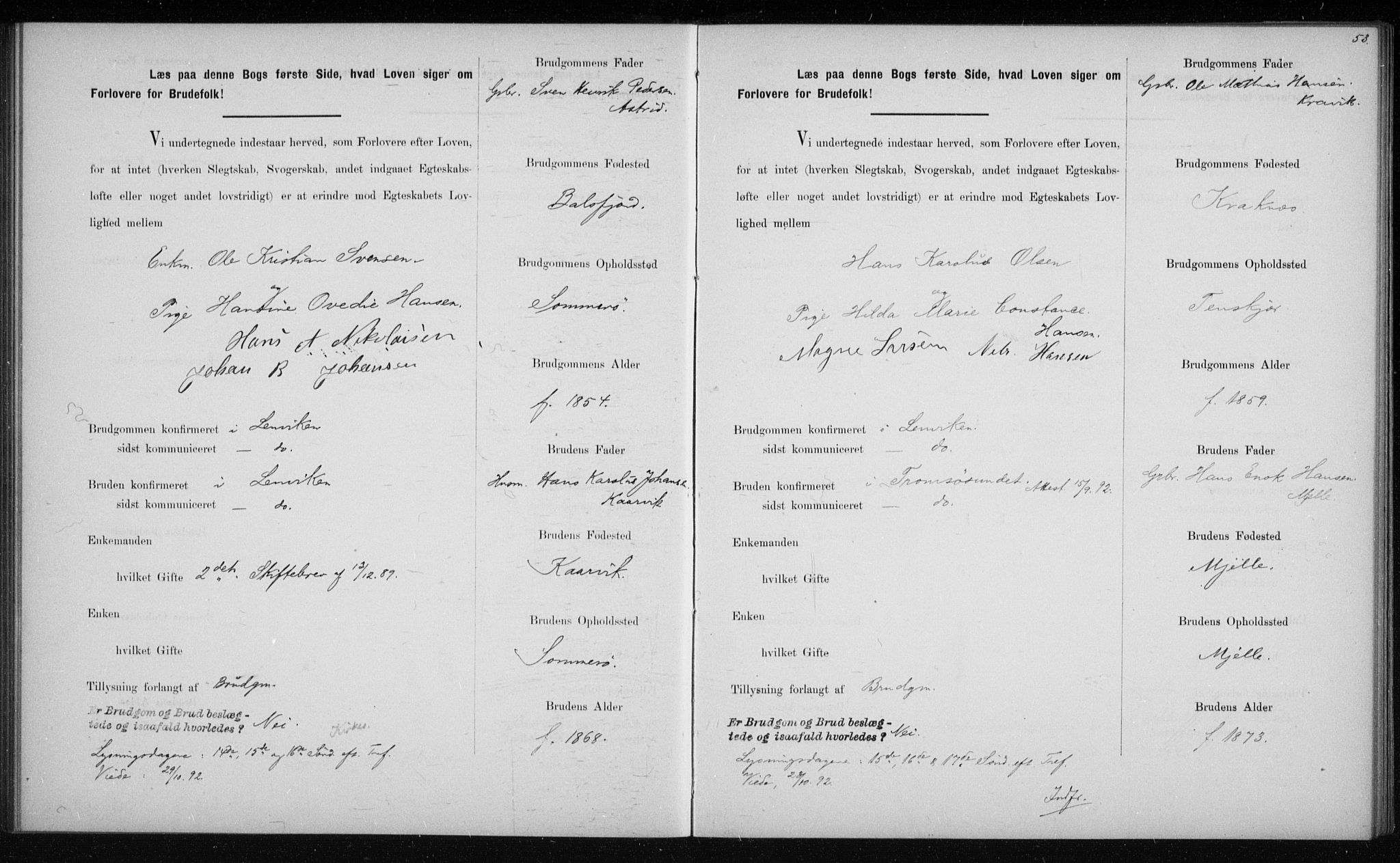 Lenvik sokneprestembete, AV/SATØ-S-1310/I/Ie/L0129: Lysningsprotokoll nr. 129, 1890-1895, s. 53