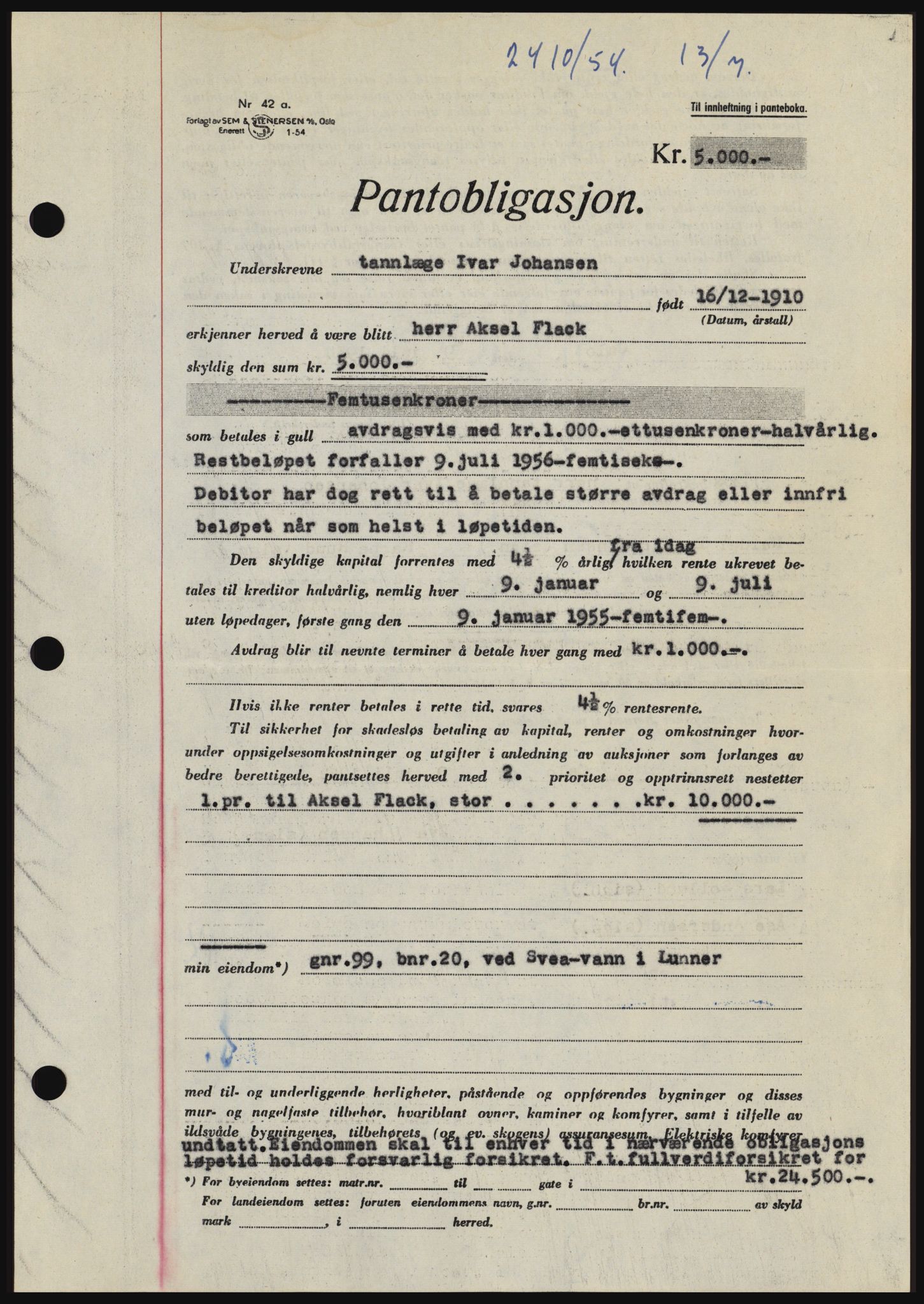 Hadeland og Land tingrett, SAH/TING-010/H/Hb/Hbc/L0030: Pantebok nr. B30, 1954-1954, Dagboknr: 2410/1954