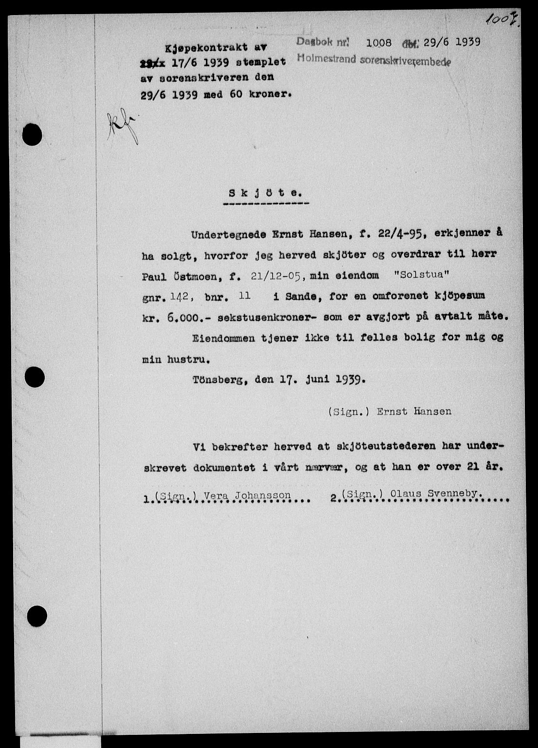 Holmestrand sorenskriveri, SAKO/A-67/G/Ga/Gaa/L0050: Pantebok nr. A-50, 1938-1939, Dagboknr: 1008/1939