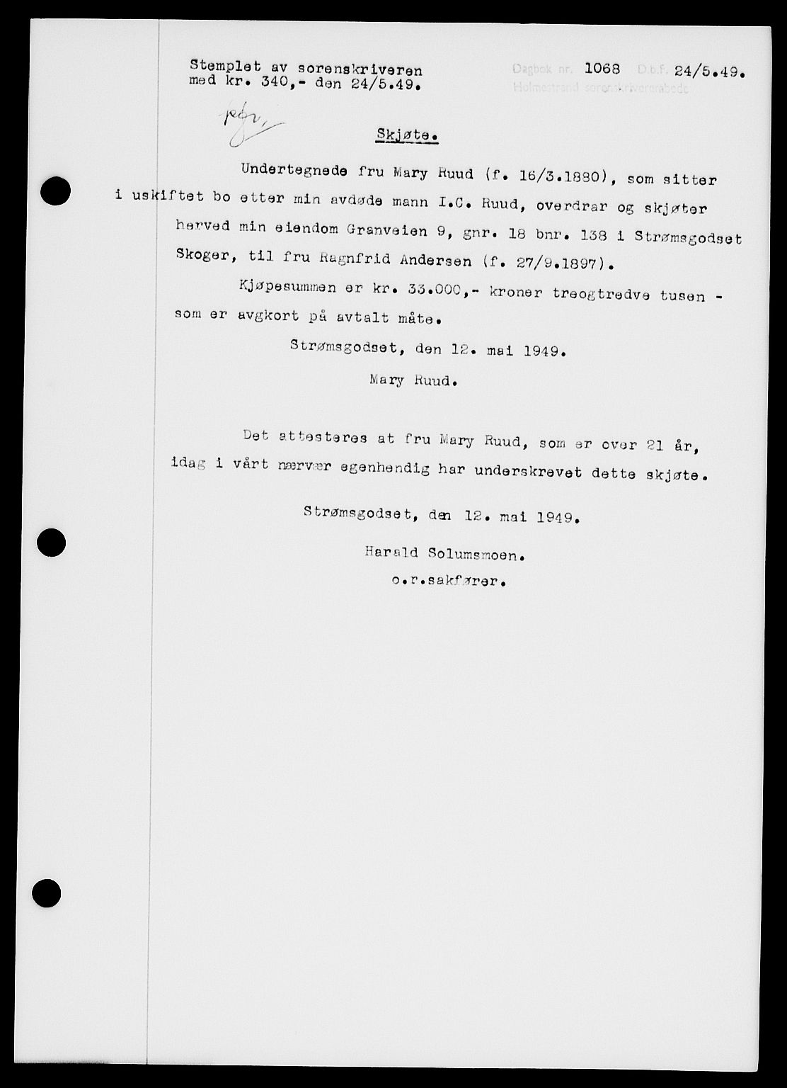 Holmestrand sorenskriveri, SAKO/A-67/G/Ga/Gaa/L0066: Pantebok nr. A-66, 1949-1949, Dagboknr: 1068/1949