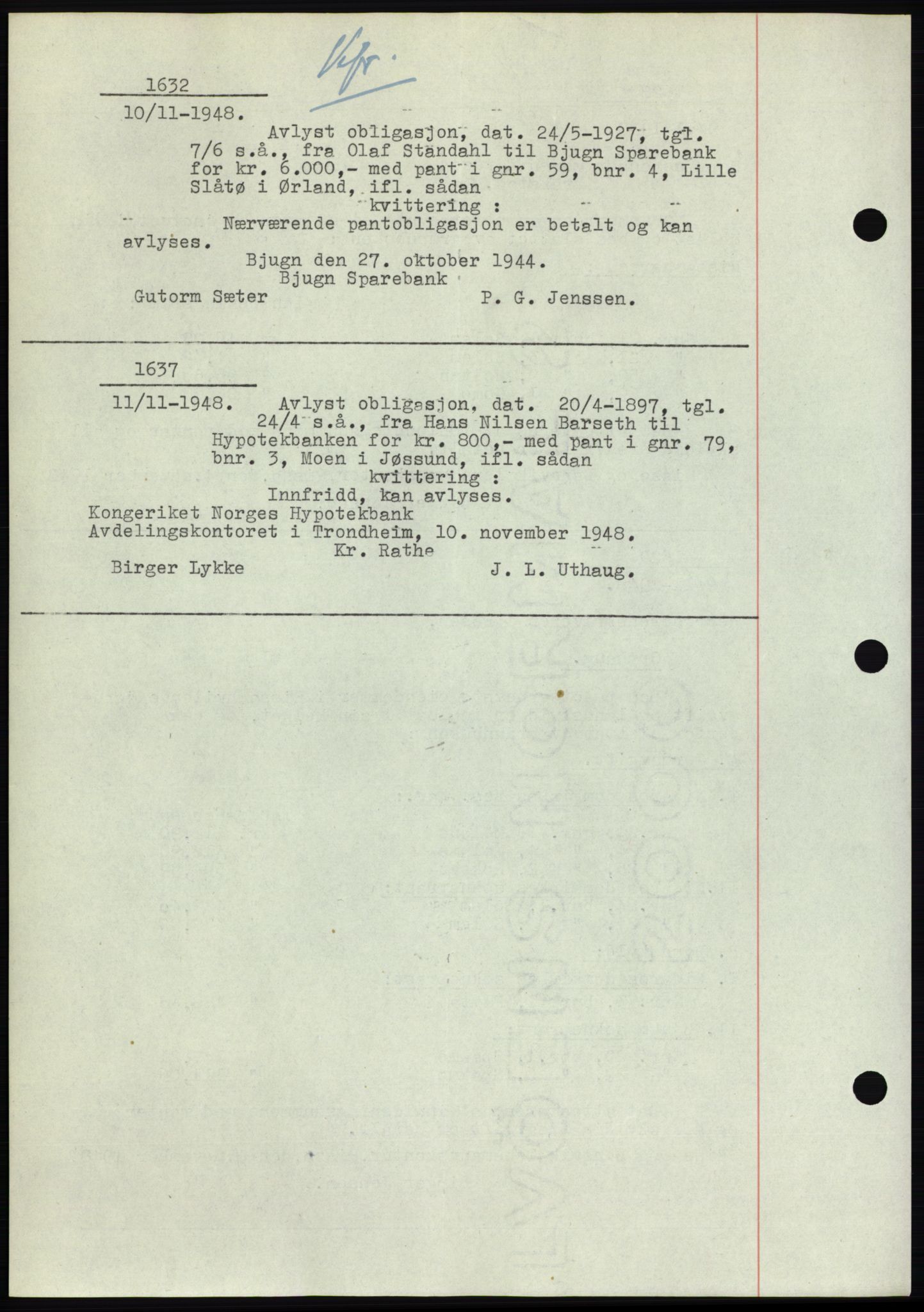 Fosen sorenskriveri, AV/SAT-A-1107/1/2/2C: Pantebok nr. B, 1948-1950, Dagboknr: 1632/1948