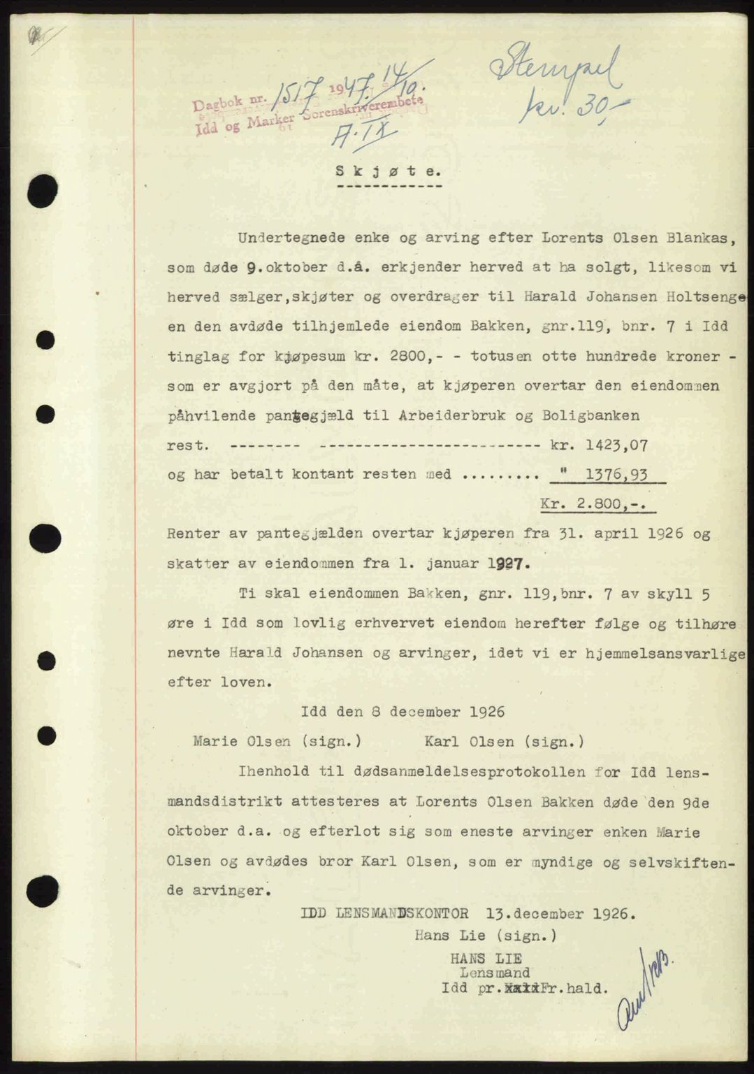Idd og Marker sorenskriveri, SAO/A-10283/G/Gb/Gbb/L0009: Pantebok nr. A9, 1946-1947, Dagboknr: 1517/1947