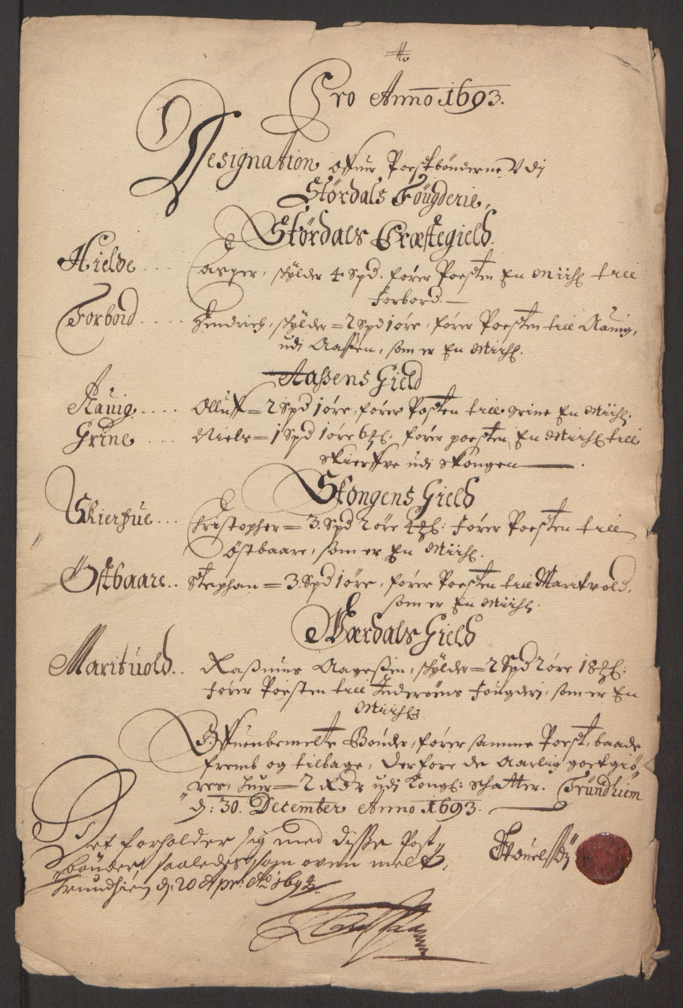 Rentekammeret inntil 1814, Reviderte regnskaper, Fogderegnskap, AV/RA-EA-4092/R62/L4186: Fogderegnskap Stjørdal og Verdal, 1693-1694, s. 137