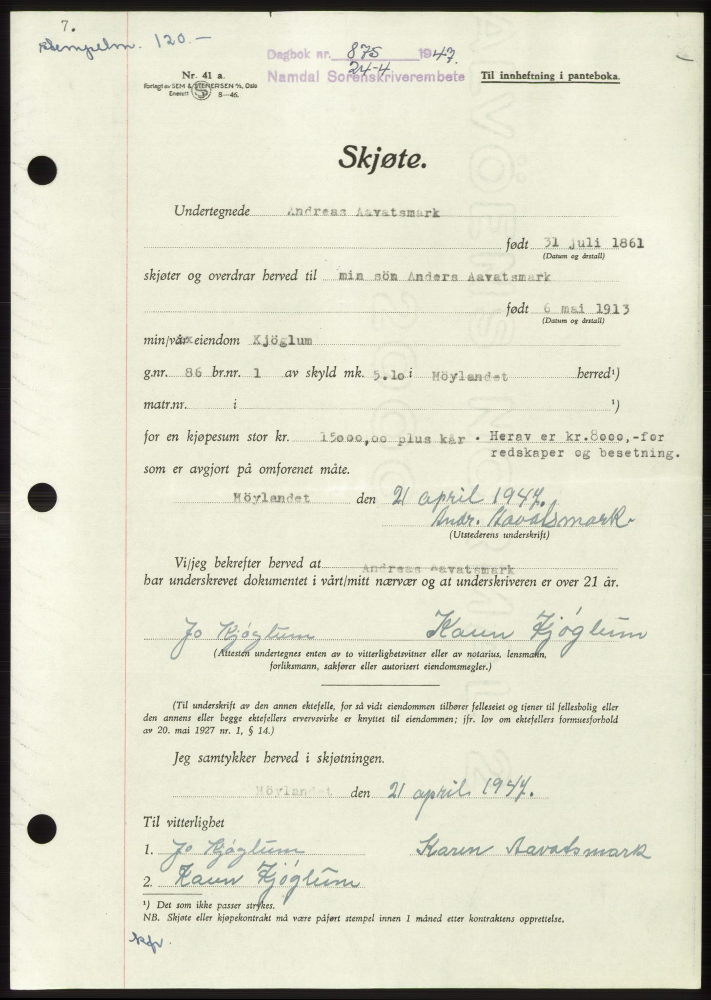 Namdal sorenskriveri, SAT/A-4133/1/2/2C: Pantebok nr. -, 1947-1947, Dagboknr: 875/1947