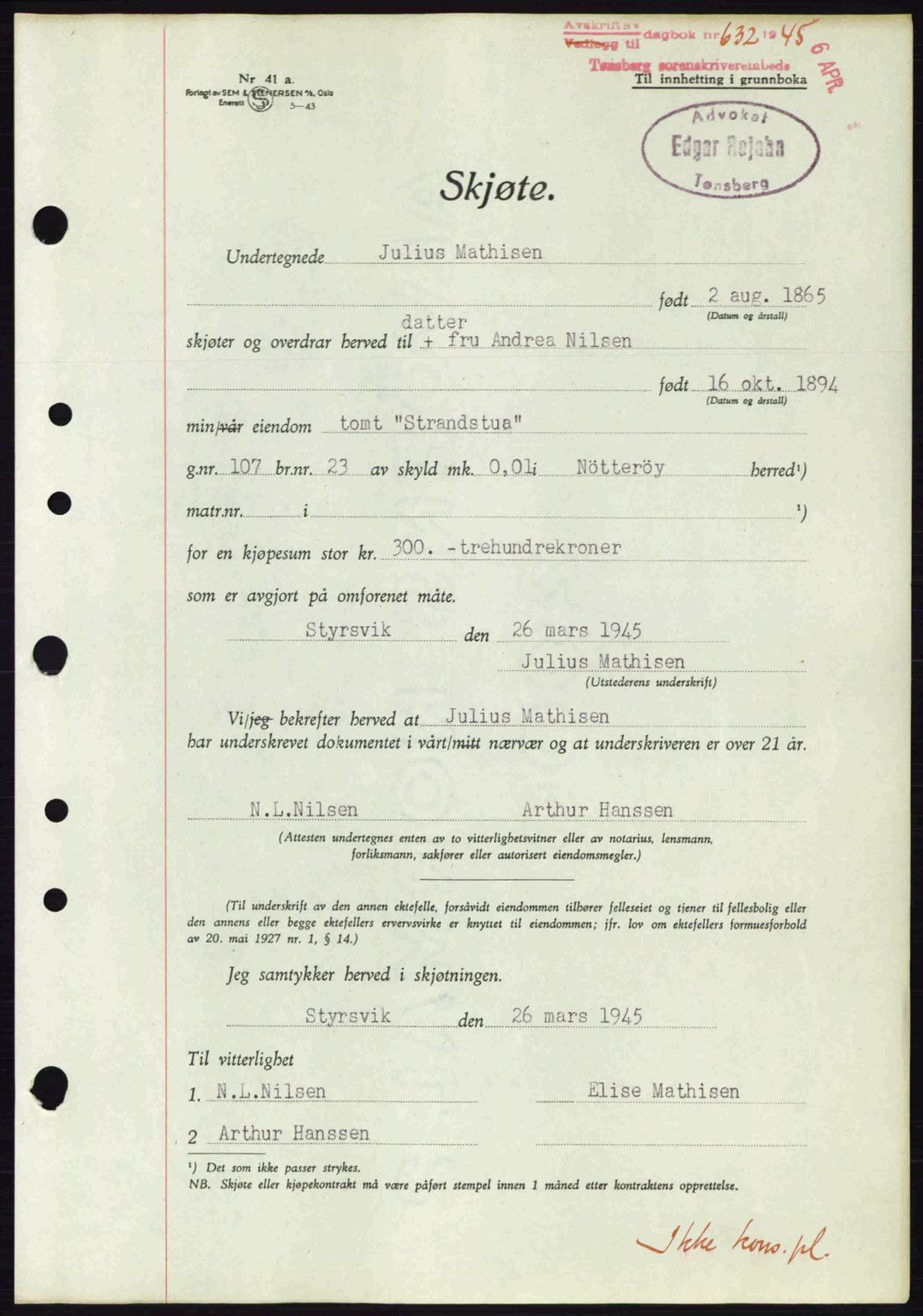 Tønsberg sorenskriveri, AV/SAKO-A-130/G/Ga/Gaa/L0016: Pantebok nr. A16, 1944-1945, Dagboknr: 632/1945