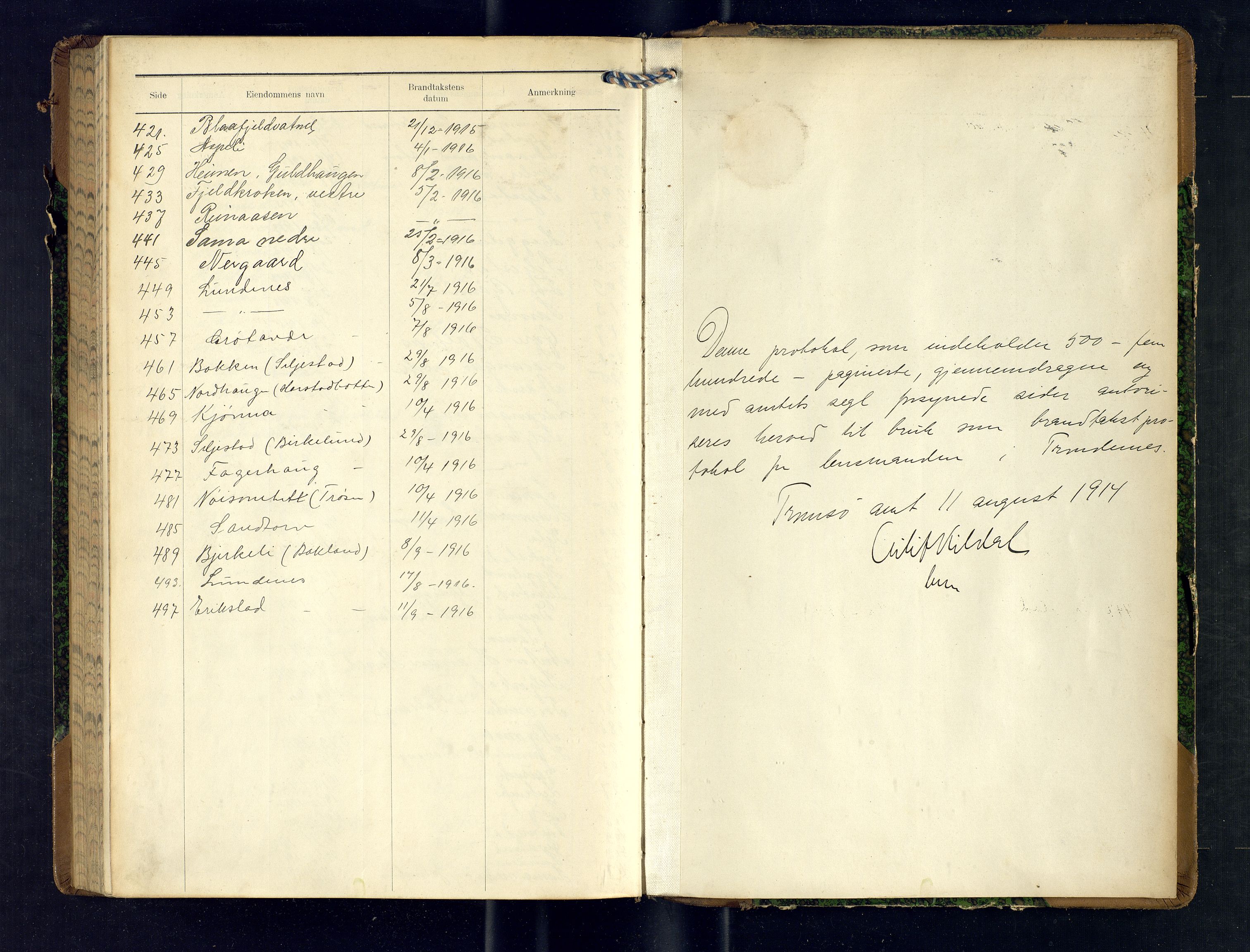 Harstad lensmannskontor, SATØ/SATØ-10/F/Fr/Fra/L0606: Branntakstprotokoll (S). Merket U. Med register, 1914-1916