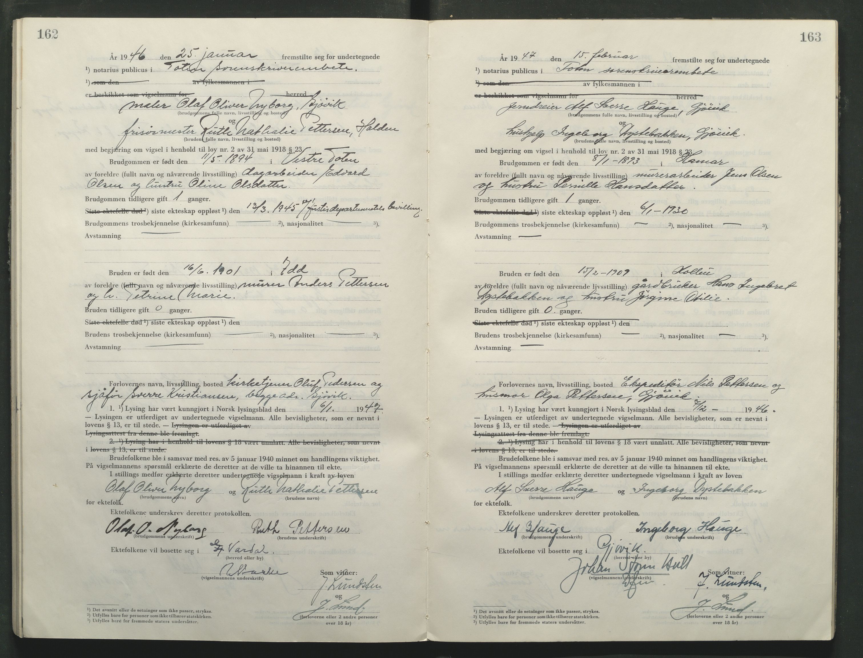 Toten tingrett, AV/SAH-TING-006/L/Lc/L0005: Vigselbok, 1944-1948, s. 162-163