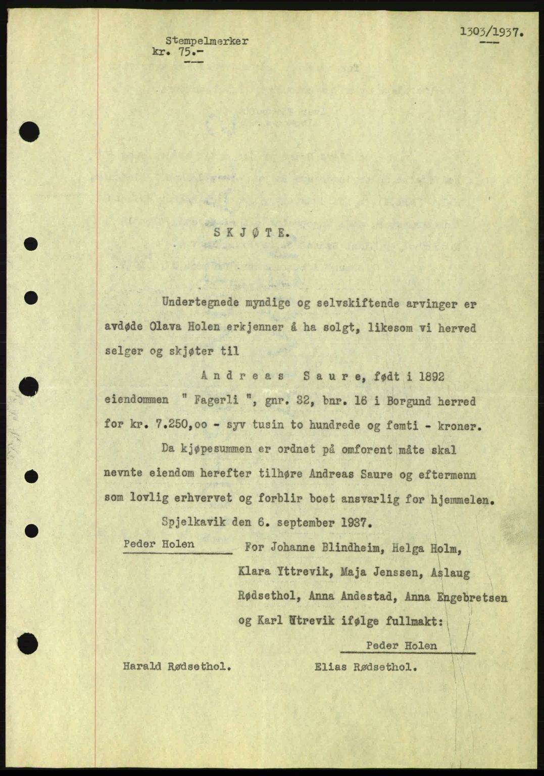 Nordre Sunnmøre sorenskriveri, SAT/A-0006/1/2/2C/2Ca: Pantebok nr. A3, 1937-1937, Dagboknr: 1303/1937