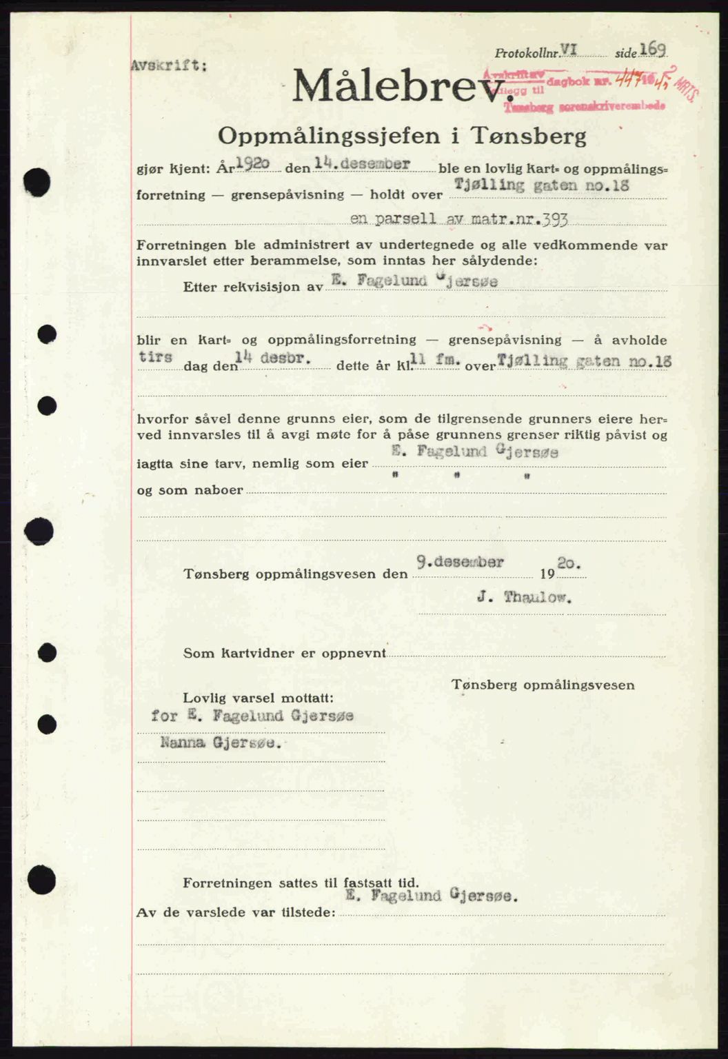 Tønsberg sorenskriveri, AV/SAKO-A-130/G/Ga/Gaa/L0016: Pantebok nr. A16, 1944-1945, Dagboknr: 447/1945