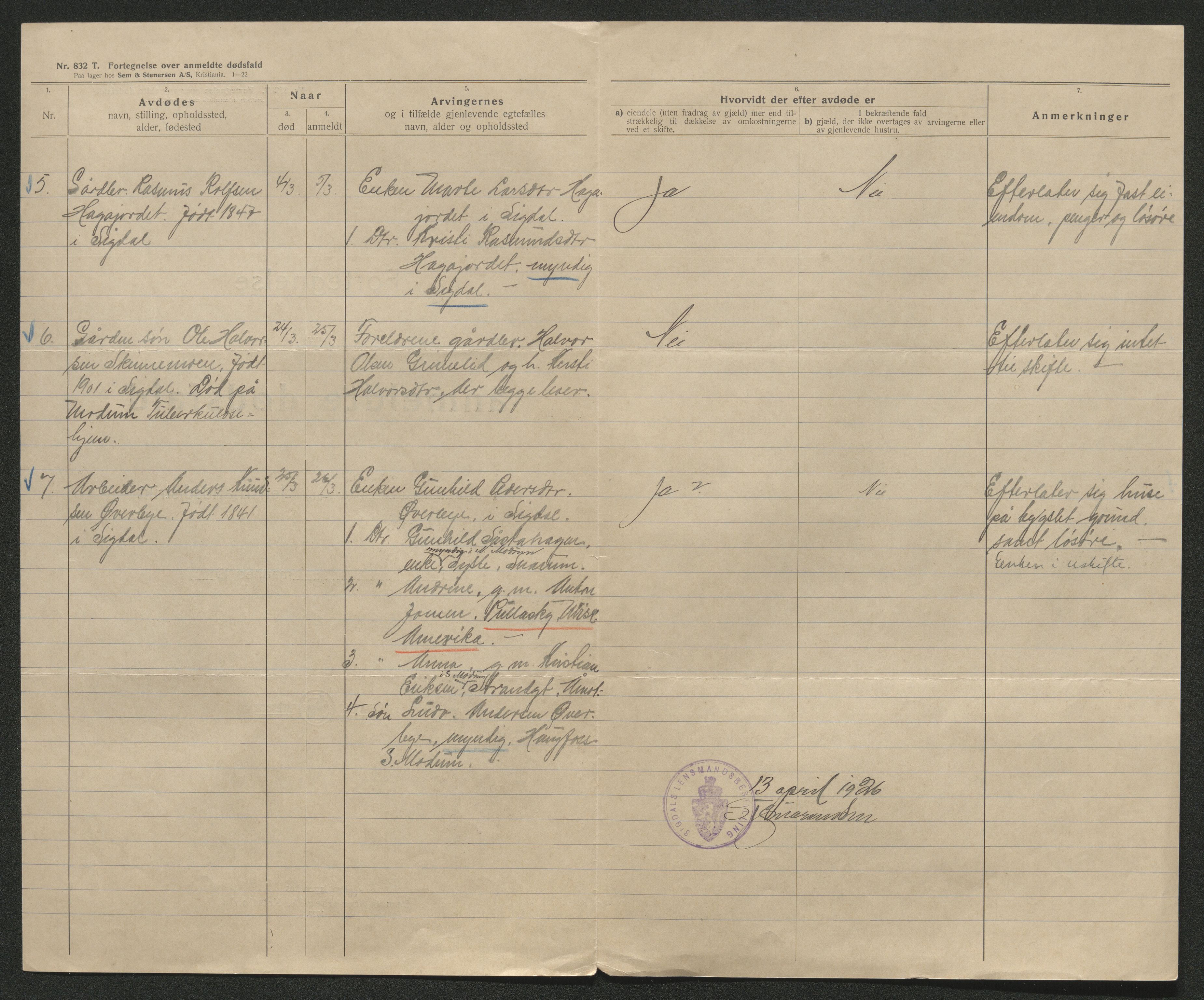 Eiker, Modum og Sigdal sorenskriveri, AV/SAKO-A-123/H/Ha/Hab/L0044: Dødsfallsmeldinger, 1926-1927, s. 141