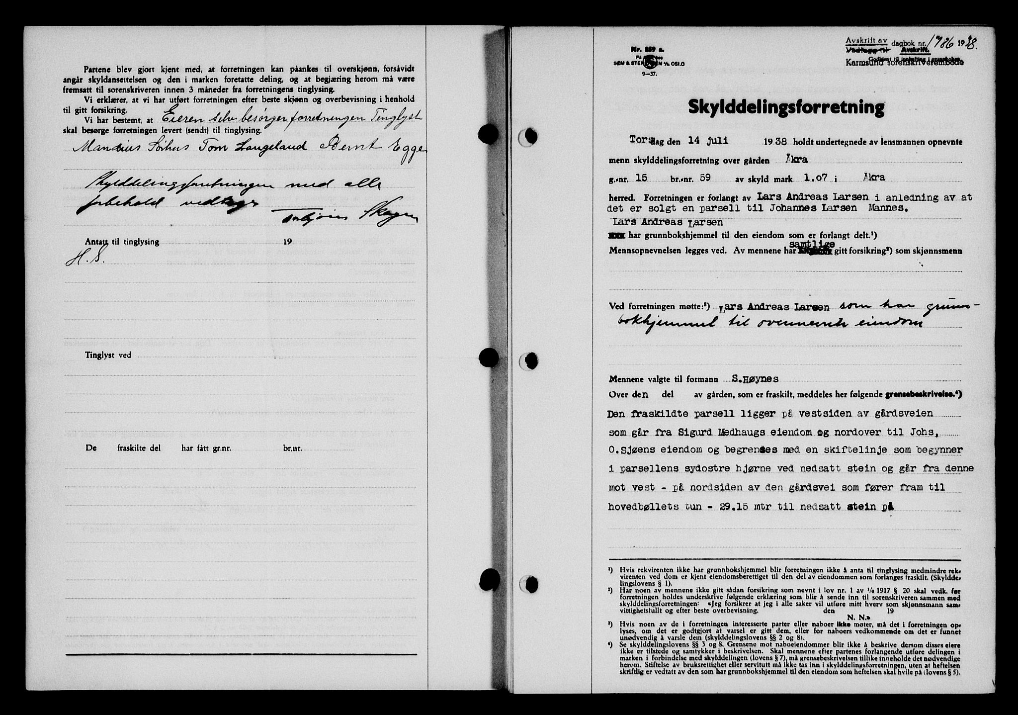 Karmsund sorenskriveri, SAST/A-100311/01/II/IIB/L0070: Pantebok nr. 51A, 1938-1939, Dagboknr: 1786/1938
