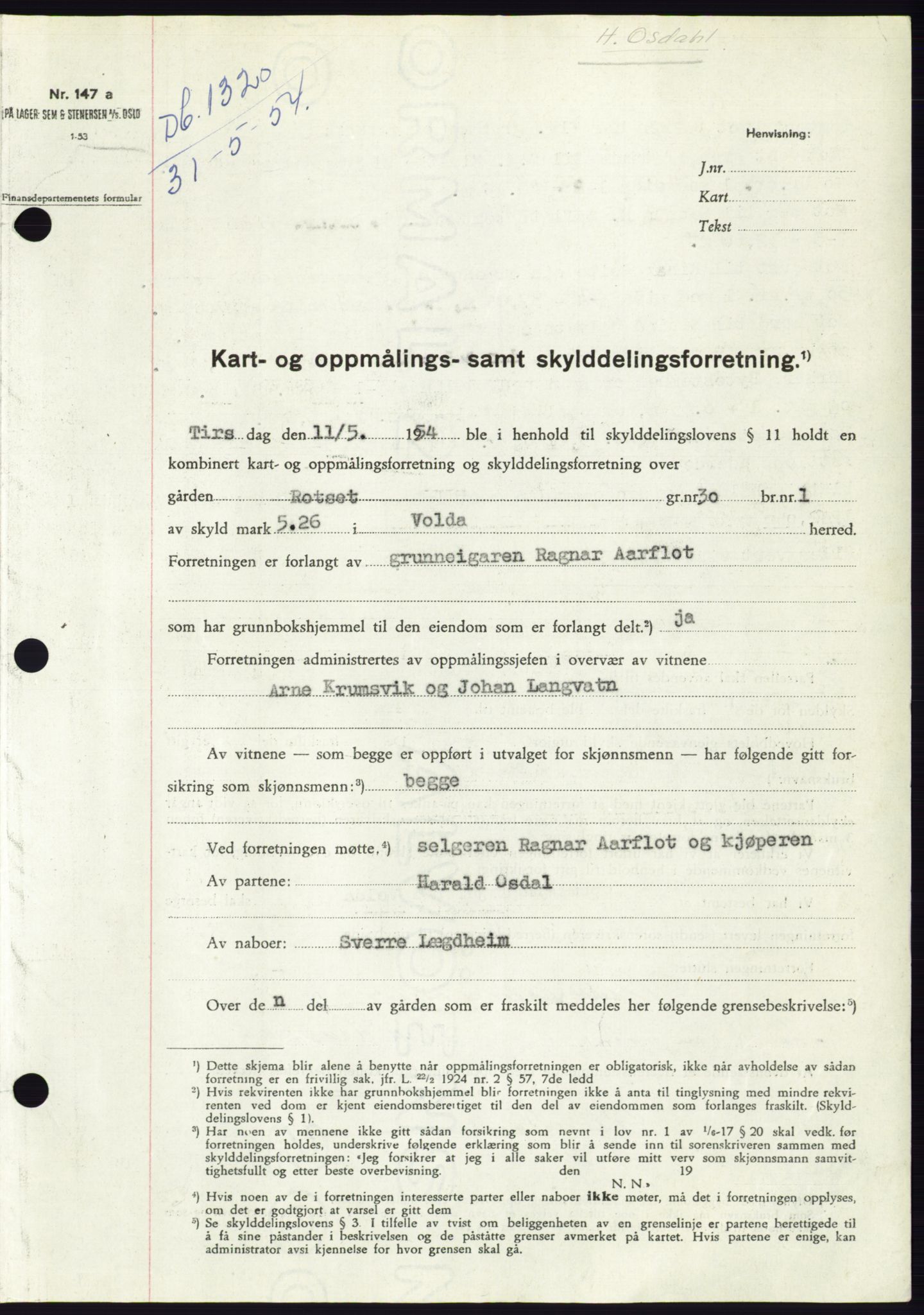 Søre Sunnmøre sorenskriveri, SAT/A-4122/1/2/2C/L0098: Pantebok nr. 24A, 1954-1954, Dagboknr: 1320/1954