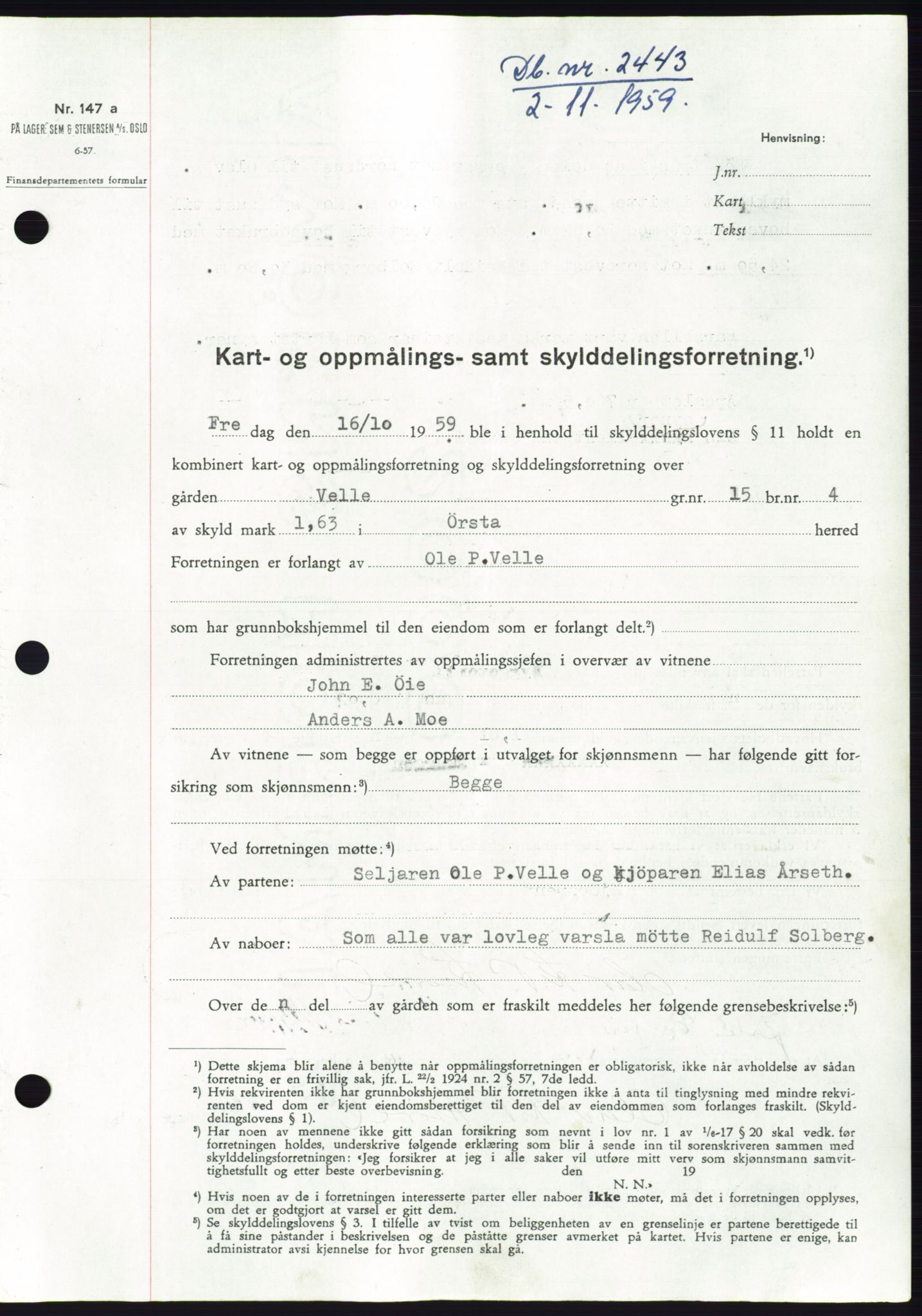 Søre Sunnmøre sorenskriveri, SAT/A-4122/1/2/2C/L0113: Pantebok nr. 39A, 1959-1959, Dagboknr: 2443/1959