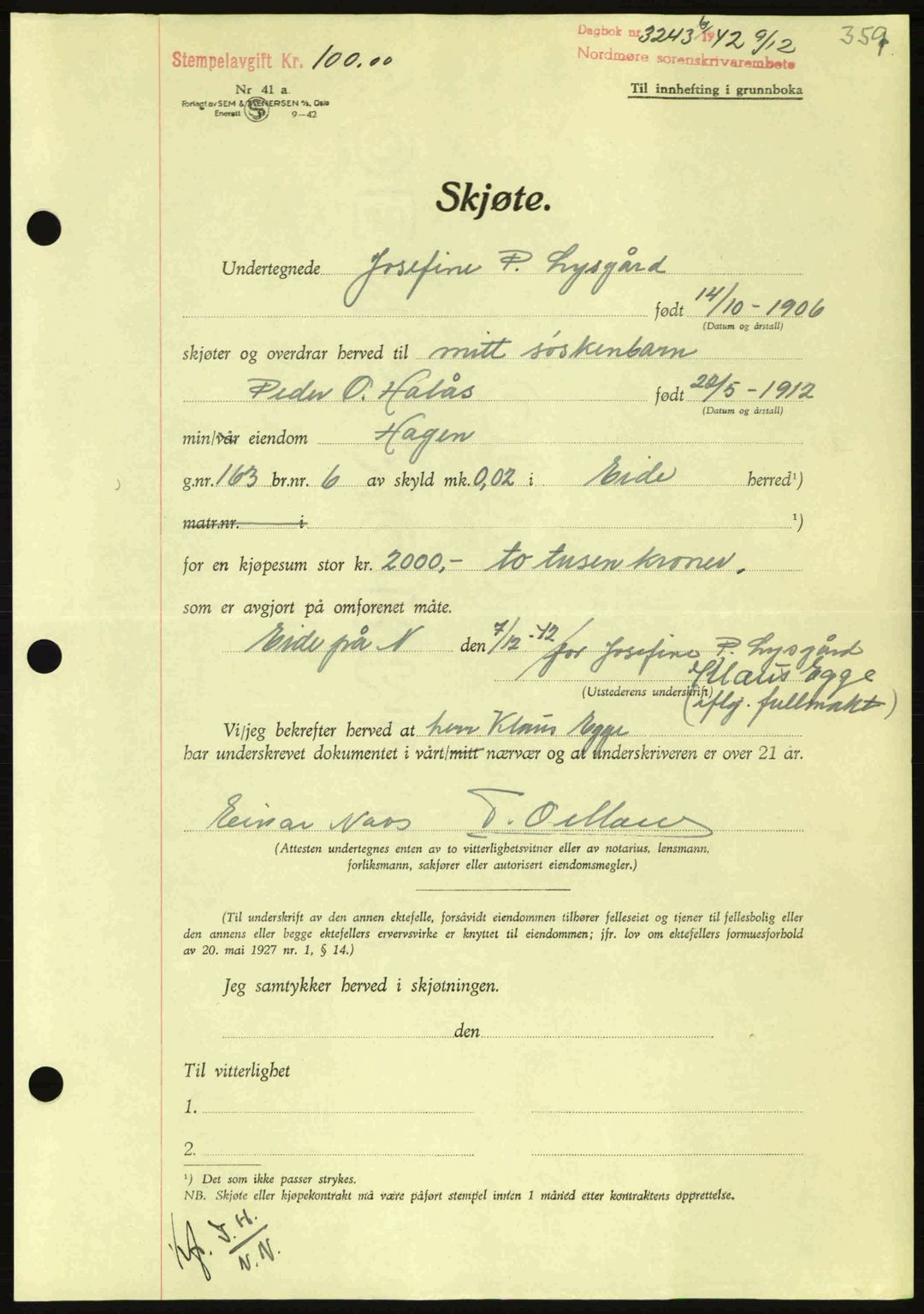 Nordmøre sorenskriveri, AV/SAT-A-4132/1/2/2Ca: Pantebok nr. A94, 1942-1943, Dagboknr: 3243/1942