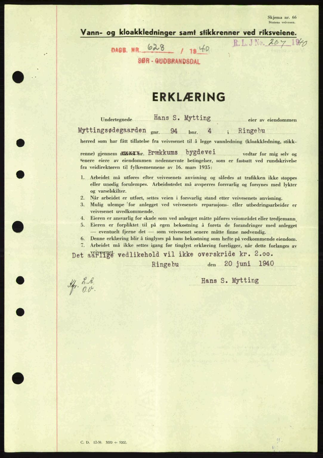 Sør-Gudbrandsdal tingrett, SAH/TING-004/H/Hb/Hbe/L0002: Pantebok nr. B2, 1939-1943, Dagboknr: 628/1940
