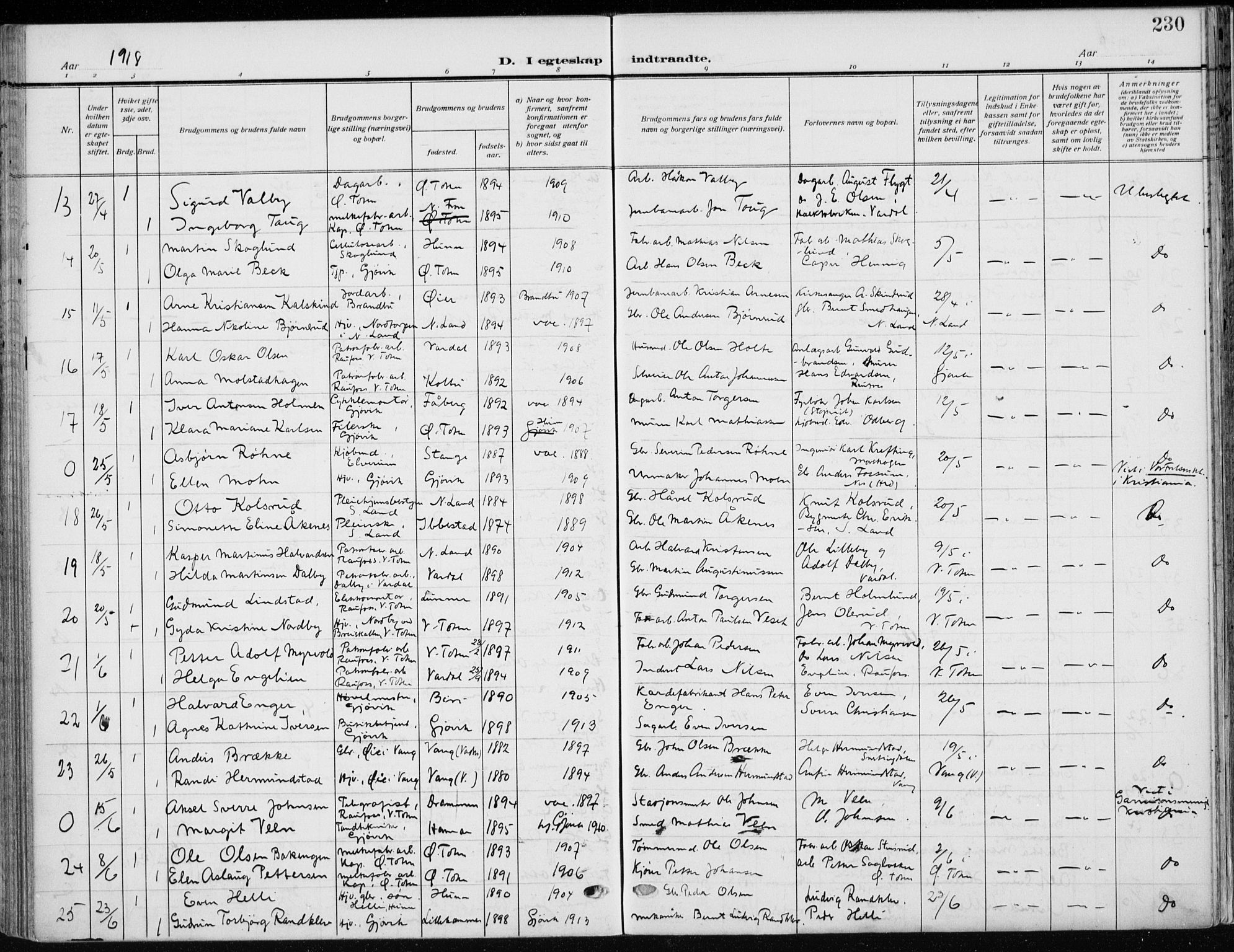 Vardal prestekontor, AV/SAH-PREST-100/H/Ha/Haa/L0014: Ministerialbok nr. 14, 1912-1922, s. 230