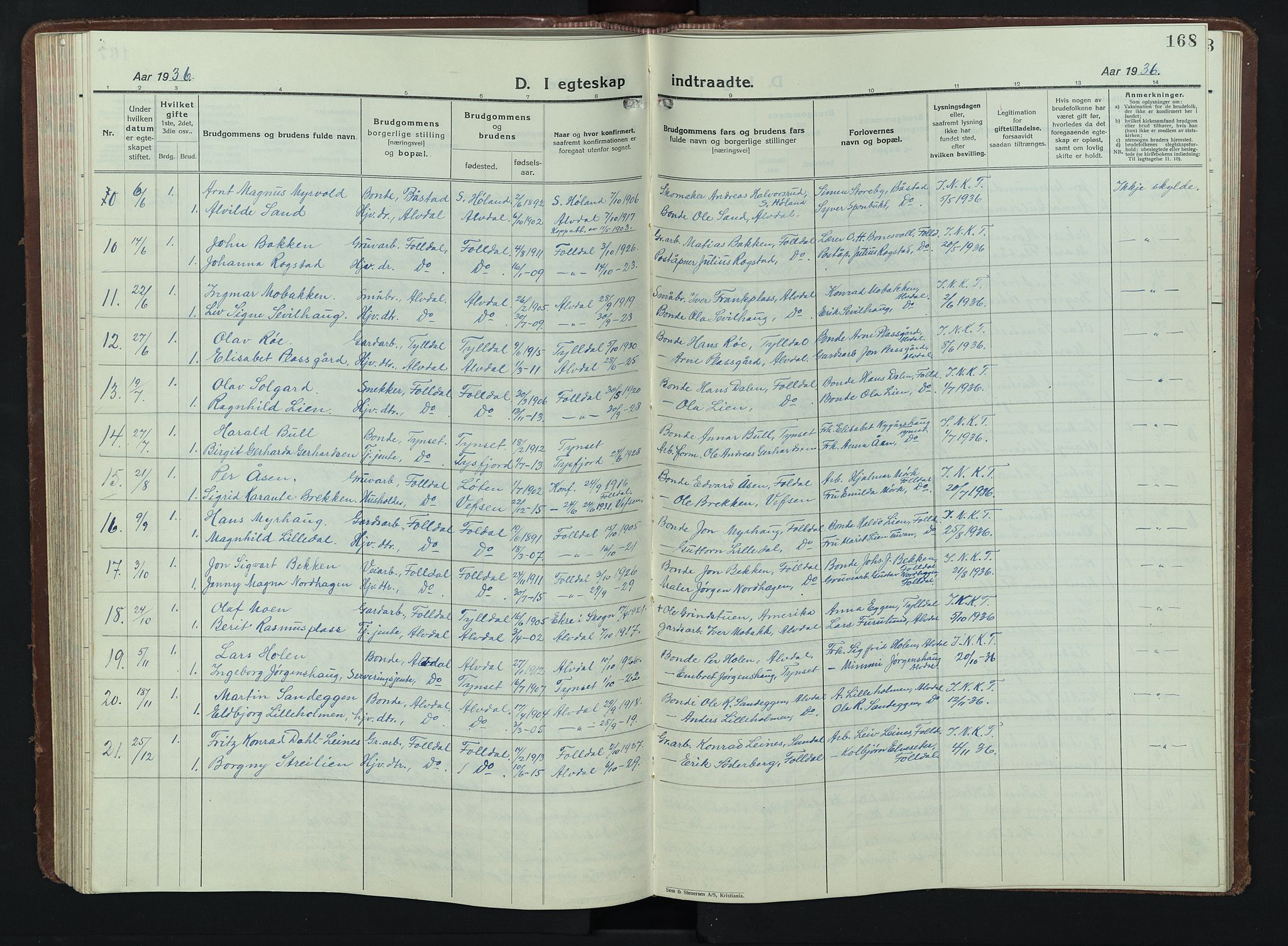 Alvdal prestekontor, AV/SAH-PREST-060/H/Ha/Hab/L0007: Klokkerbok nr. 7, 1924-1945, s. 168