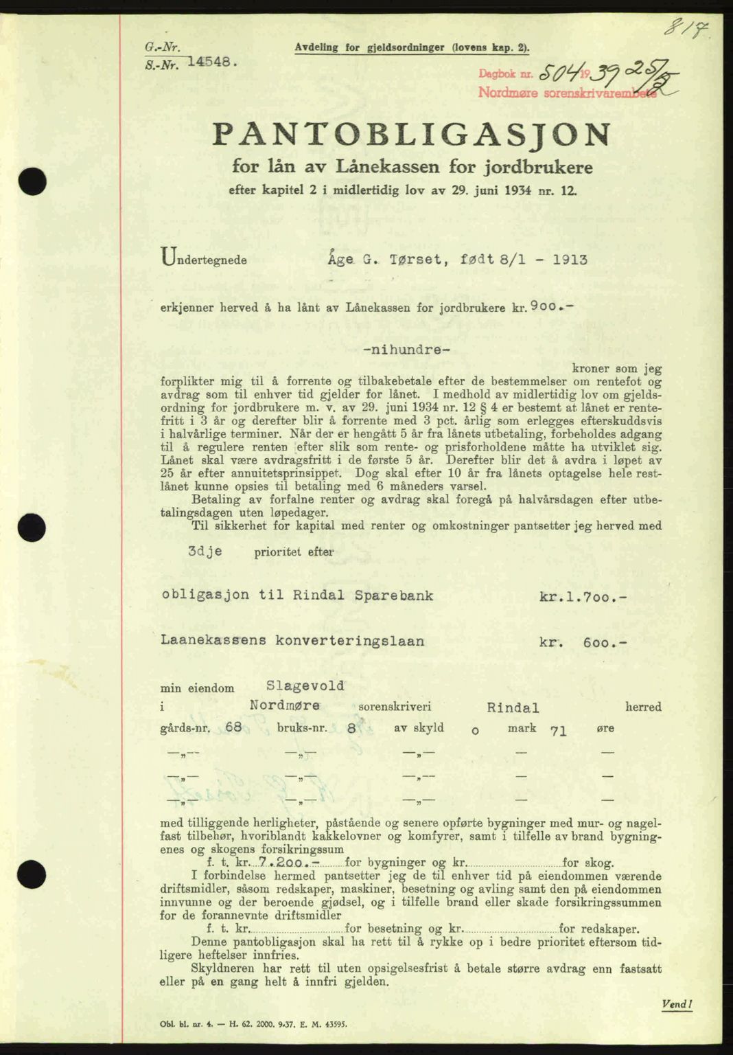 Nordmøre sorenskriveri, SAT/A-4132/1/2/2Ca: Pantebok nr. B84, 1938-1939, Dagboknr: 504/1939