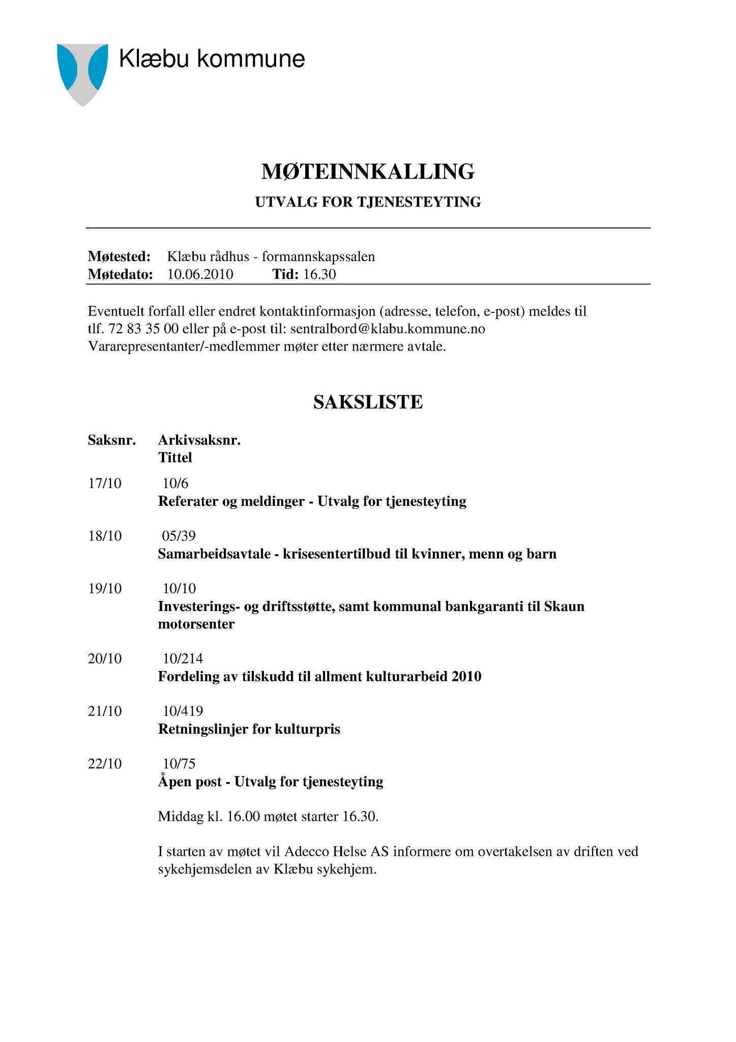 Klæbu Kommune, TRKO/KK/14-UTY/L003: Utvalg for tjenesteyting - Møtedokumenter, 2010, s. 55