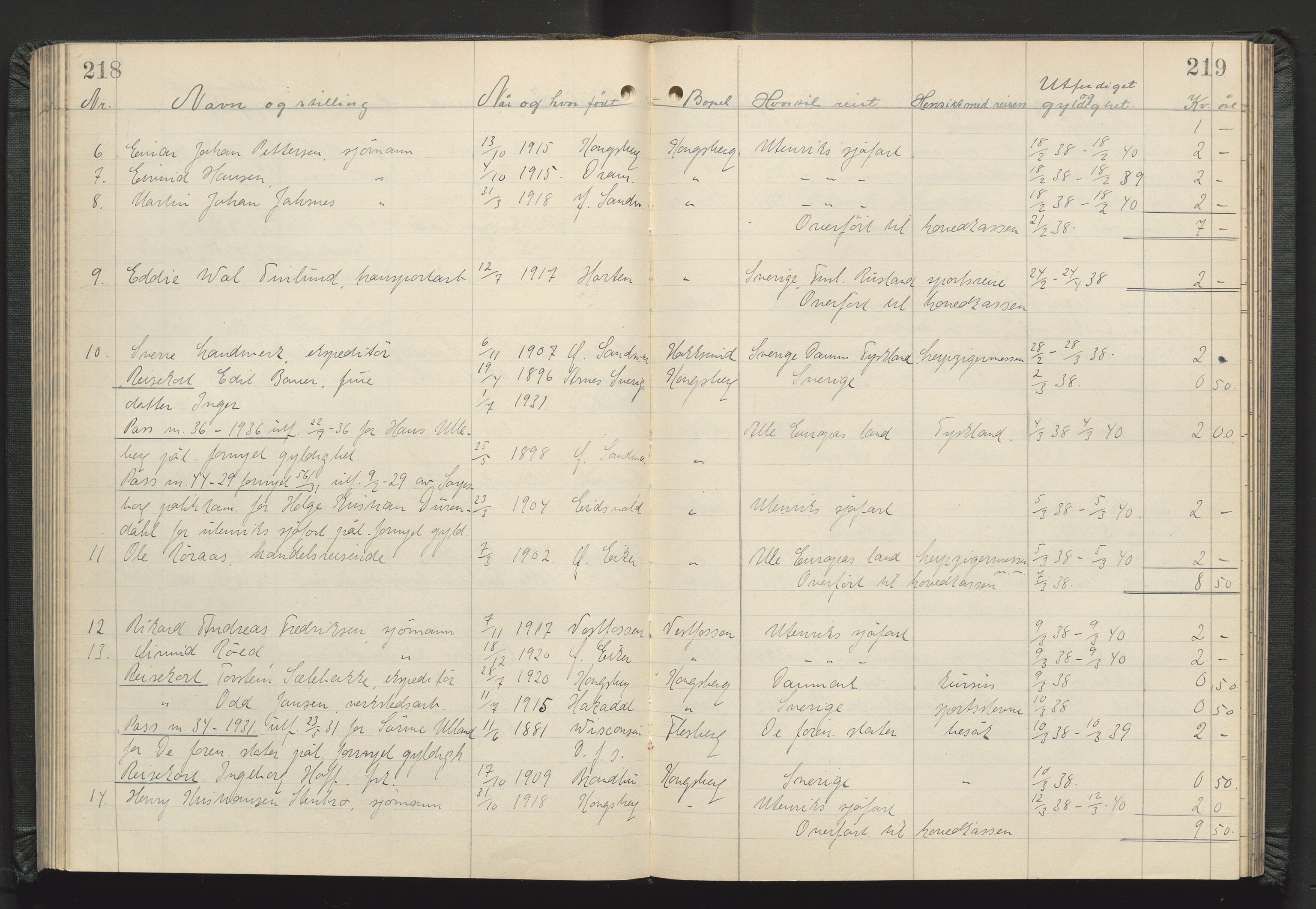 Kongsberg politikammer, AV/SAKO-A-624/I/Ib/Iba/L0004: Passprotokoll, 1927-1946, s. 218-219