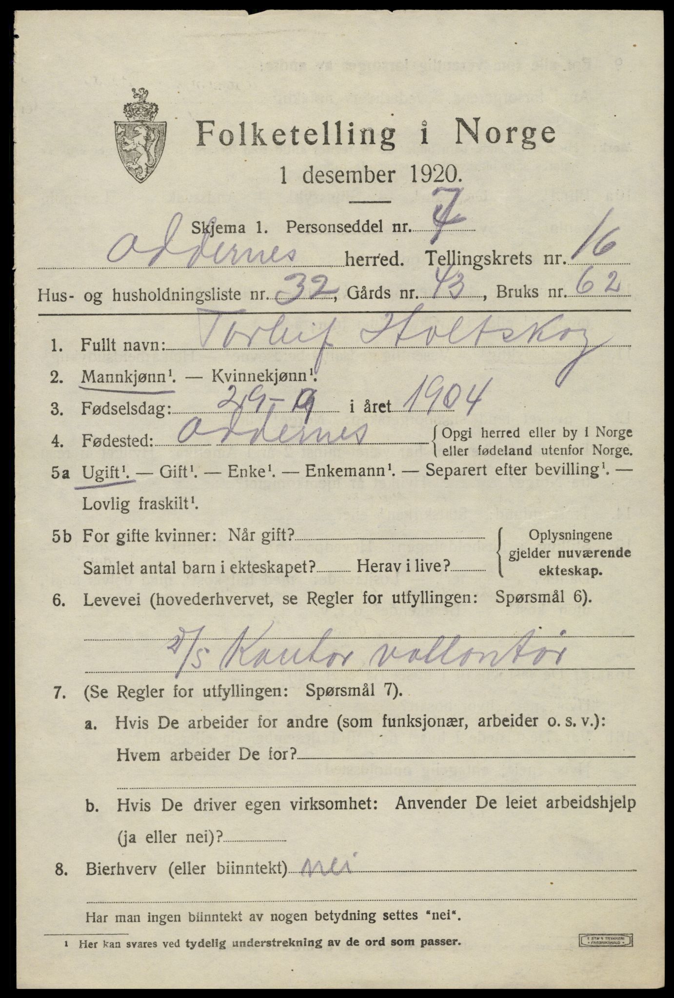 SAK, Folketelling 1920 for 1012 Oddernes herred, 1920, s. 11627