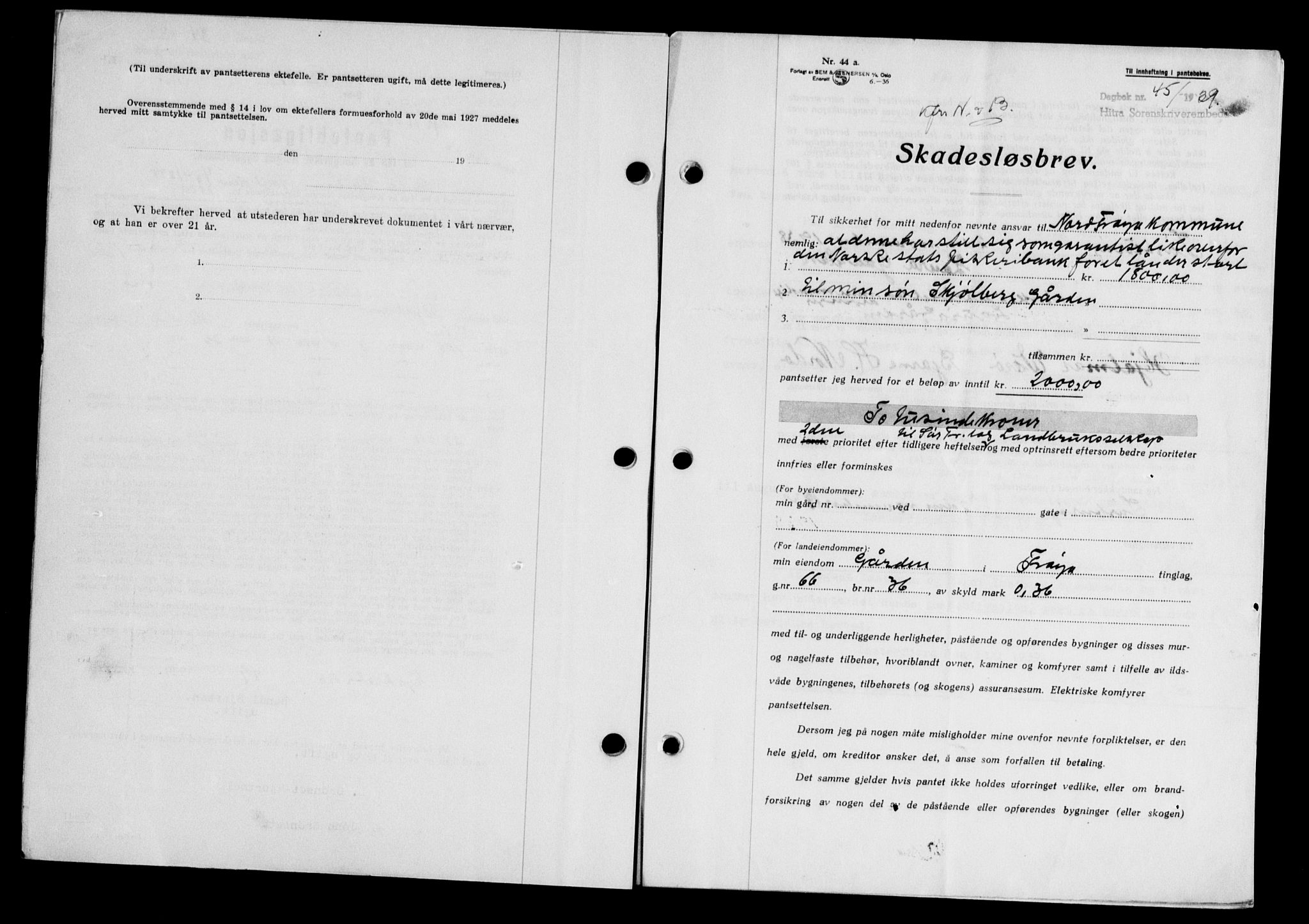 Hitra sorenskriveri, AV/SAT-A-0018/2/2C/2Ca/L0028: Pantebok nr. B-1, 1936-1939, Dagboknr: 45/1939