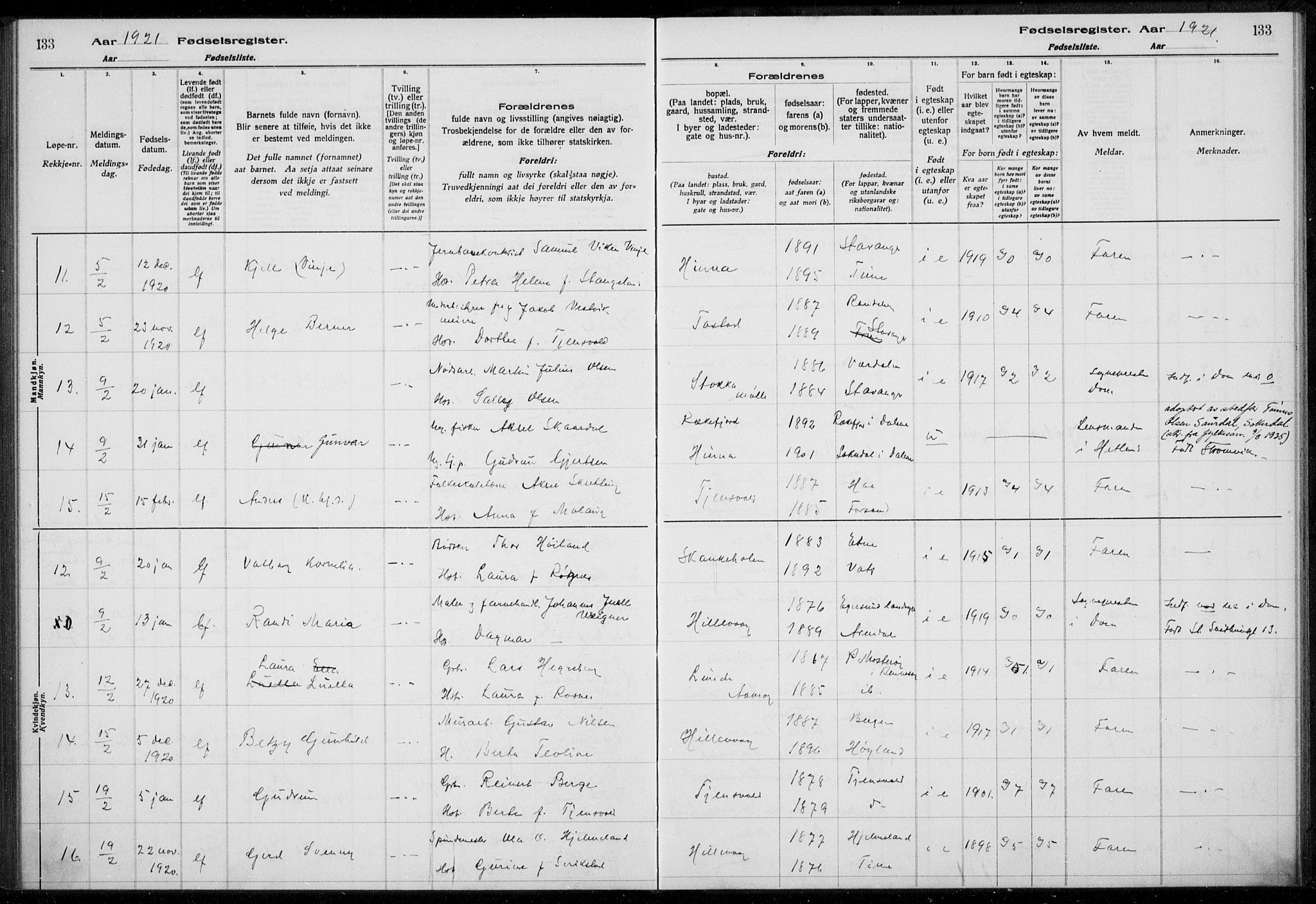 Hetland sokneprestkontor, AV/SAST-A-101826/70/704BA/L0003: Fødselsregister nr. 1, 1916-1923, s. 133