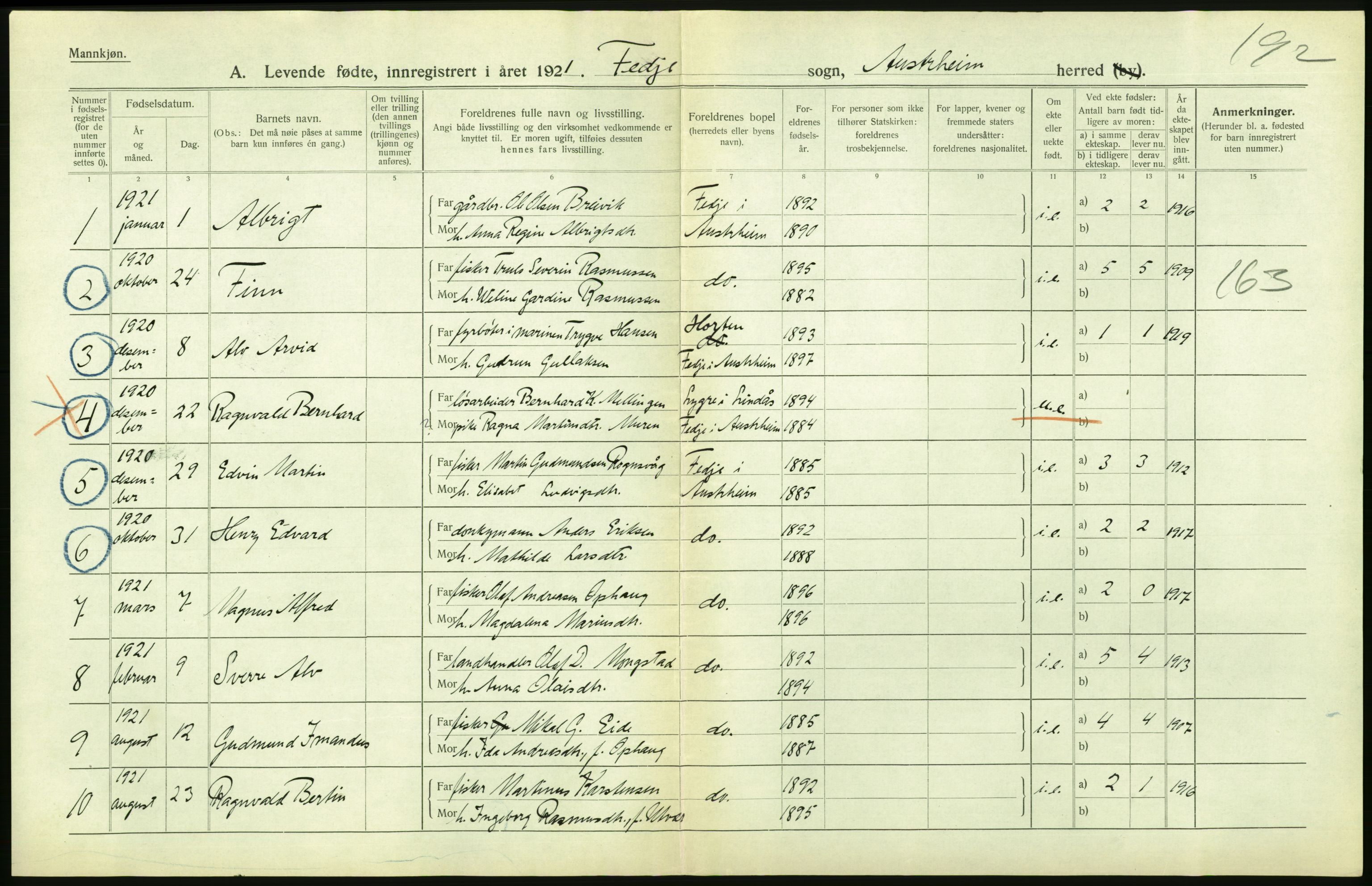 Statistisk sentralbyrå, Sosiodemografiske emner, Befolkning, AV/RA-S-2228/D/Df/Dfc/Dfca/L0031: Hordaland fylke: Levendefødte menn og kvinner. Bygder., 1921, s. 16