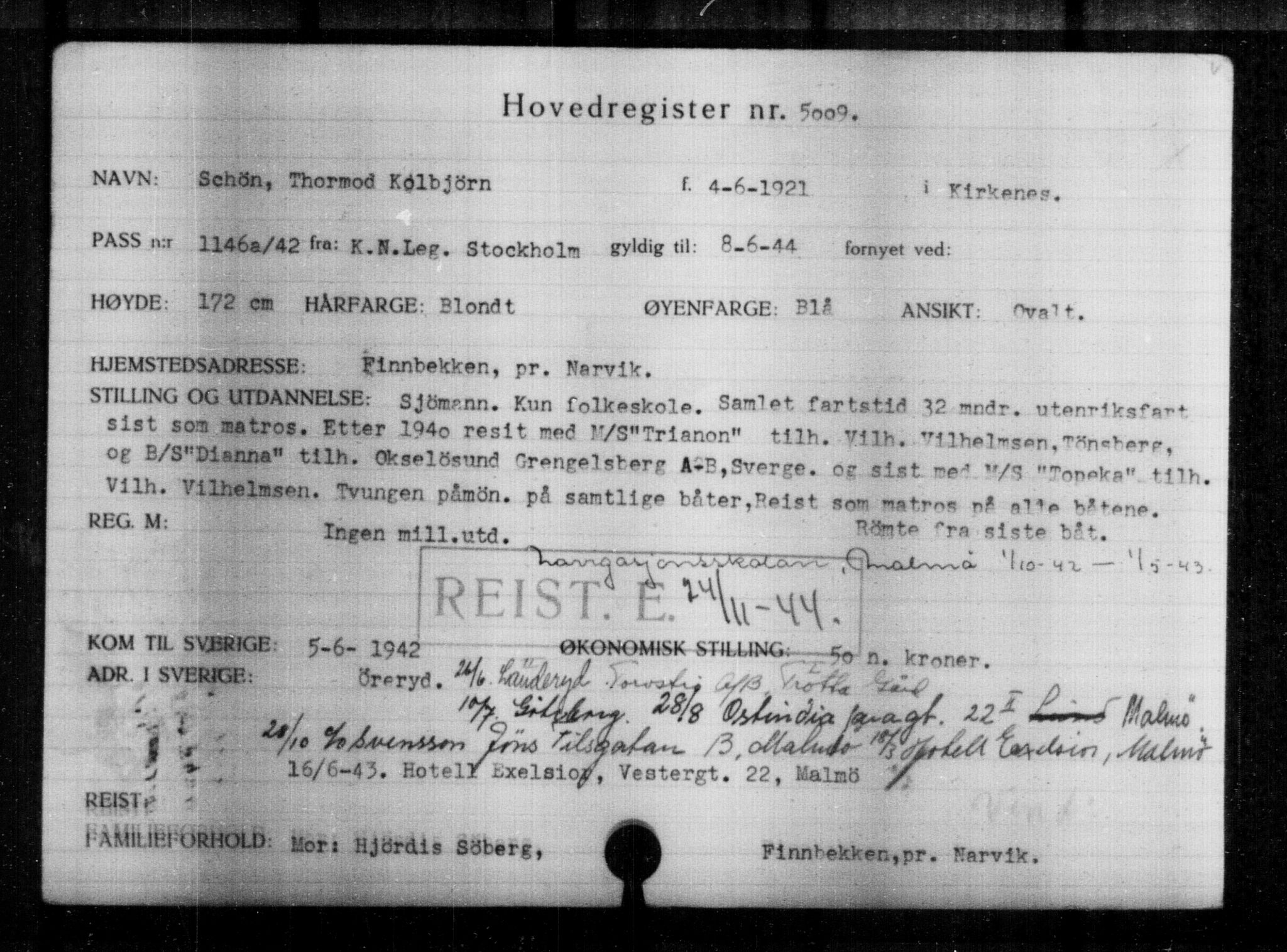 Utenriksstasjonene, Legasjonen i Stockholm, Flyktningkontoret, AV/RA-S-6753/V/Va/L0004: Kjesäterkartoteket, flyktninger med registreringsnr. 3496-6610, 1940-1945, s. 1794