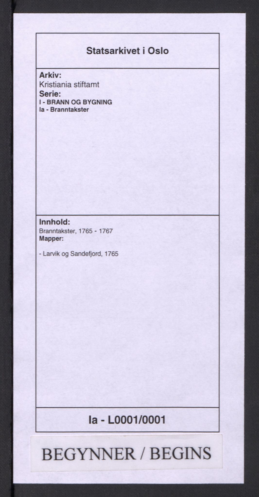 Kristiania stiftamt, AV/SAO-A-10386/I/Ia/L0001/0001: Branntakster / Larvik og Sandefjord, 1765