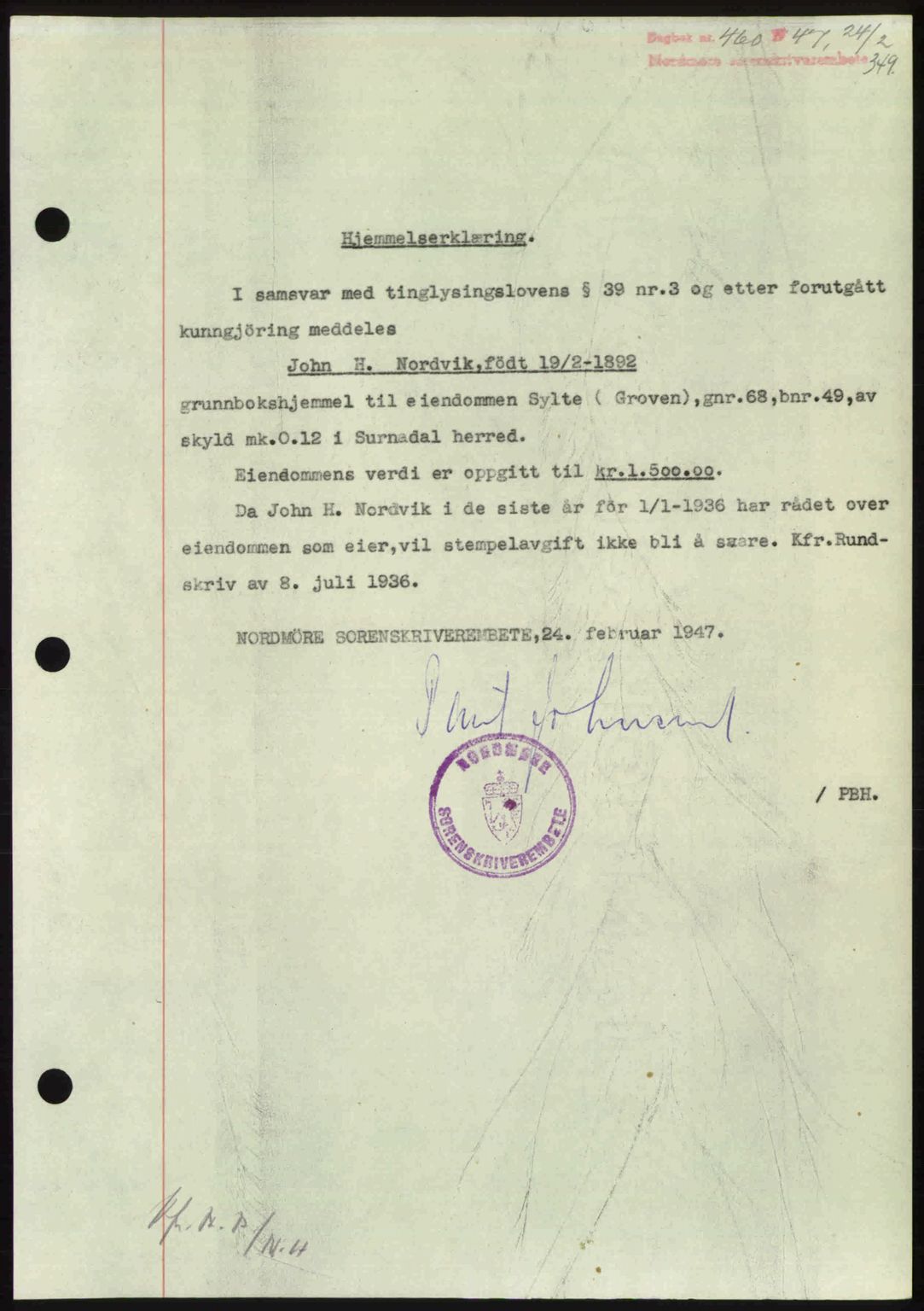 Nordmøre sorenskriveri, SAT/A-4132/1/2/2Ca: Pantebok nr. A104, 1947-1947, Dagboknr: 460/1947