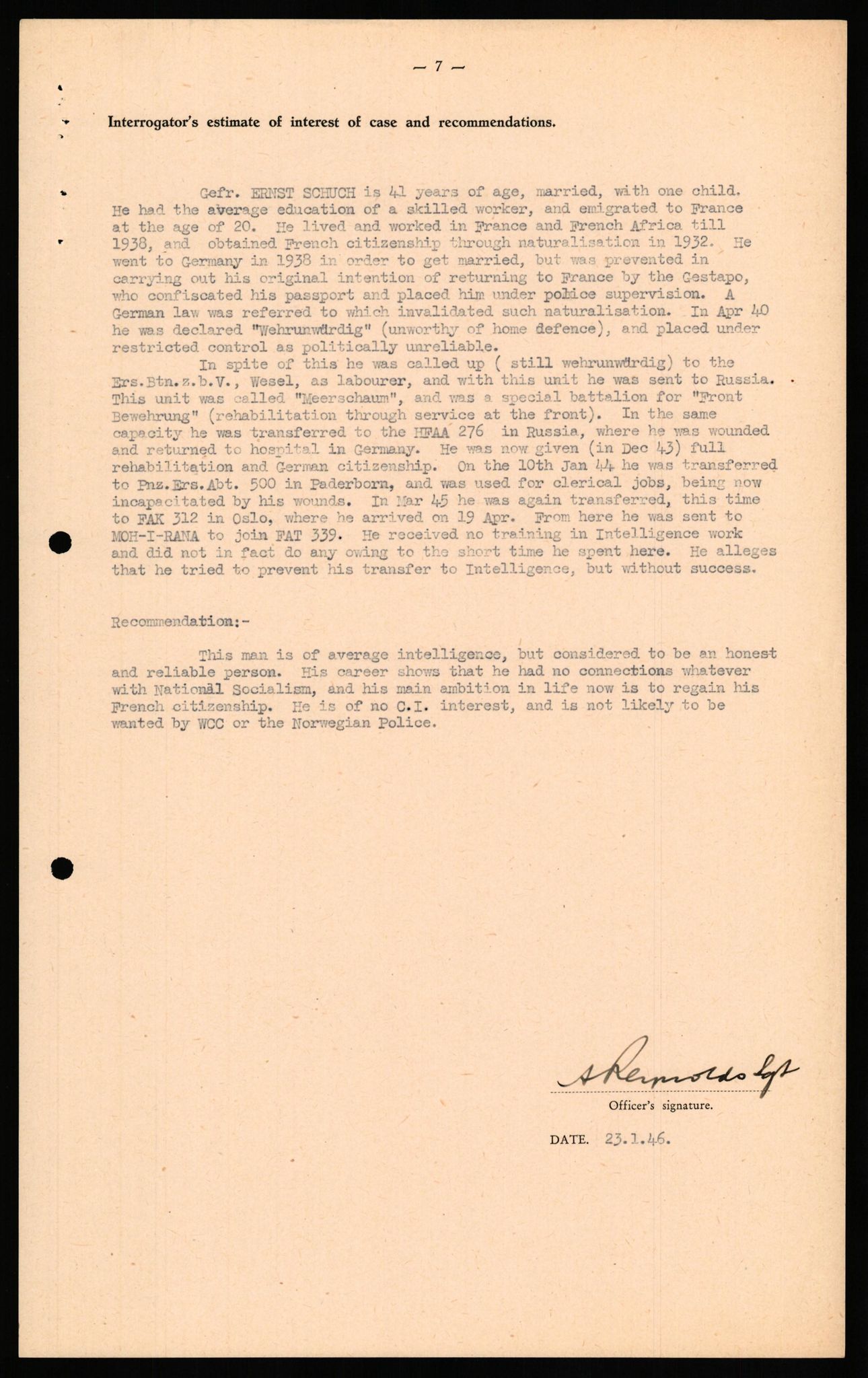 Forsvaret, Forsvarets overkommando II, RA/RAFA-3915/D/Db/L0030: CI Questionaires. Tyske okkupasjonsstyrker i Norge. Tyskere., 1945-1946, s. 332