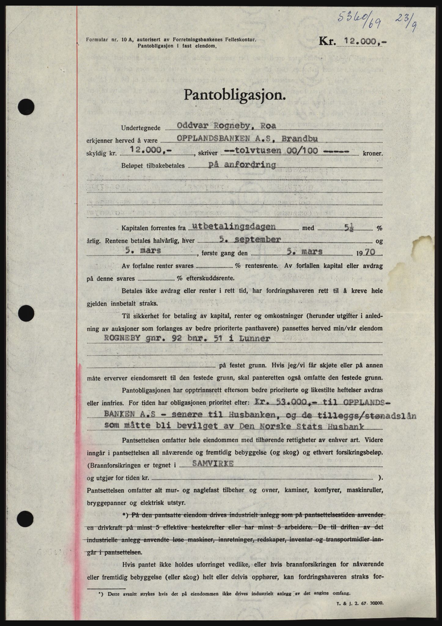 Hadeland og Land tingrett, SAH/TING-010/H/Hb/Hbc/L0074: Pantebok nr. B74, 1969-1969, Dagboknr: 5360/1969