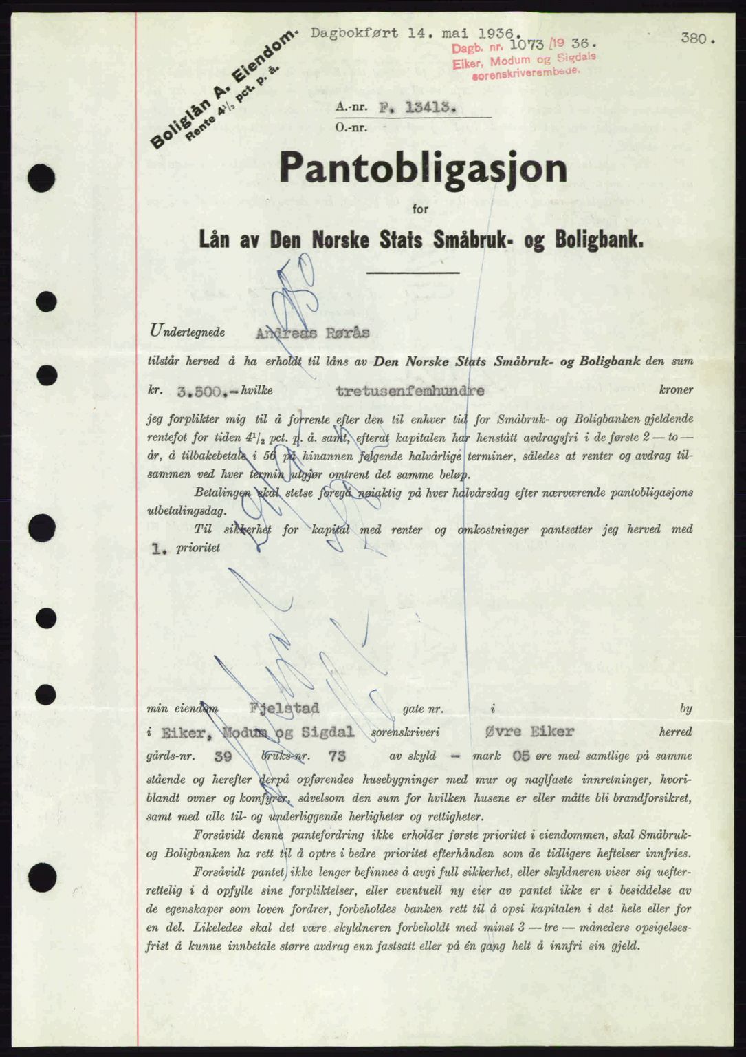 Eiker, Modum og Sigdal sorenskriveri, SAKO/A-123/G/Ga/Gab/L0032: Pantebok nr. A2, 1936-1936, Dagboknr: 1073/1936